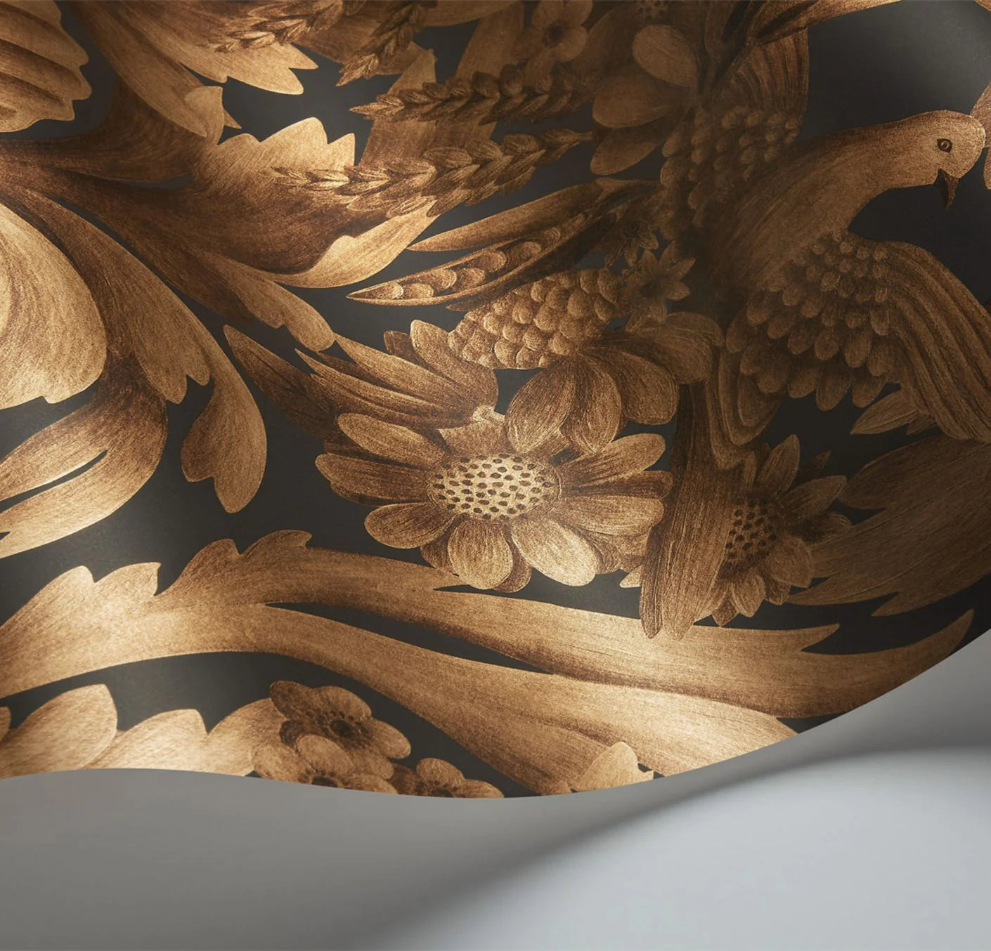 Cole & Son Historic Royal Palaces Gibbons Carving, Metallic Bronze on Charcoal