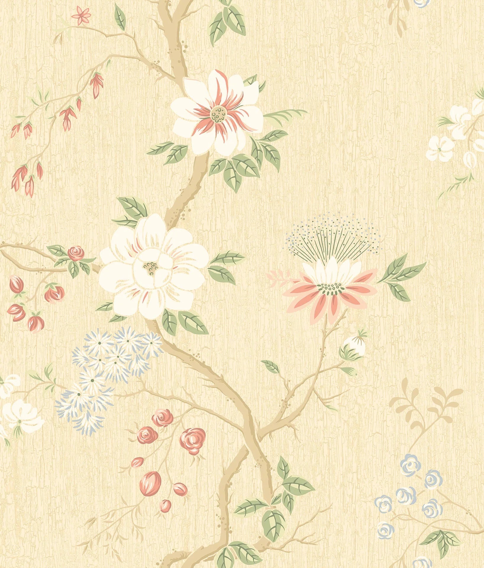 Cole & Son Botanical - Botanica, Camellia,  Coral & Olive on Buttercup