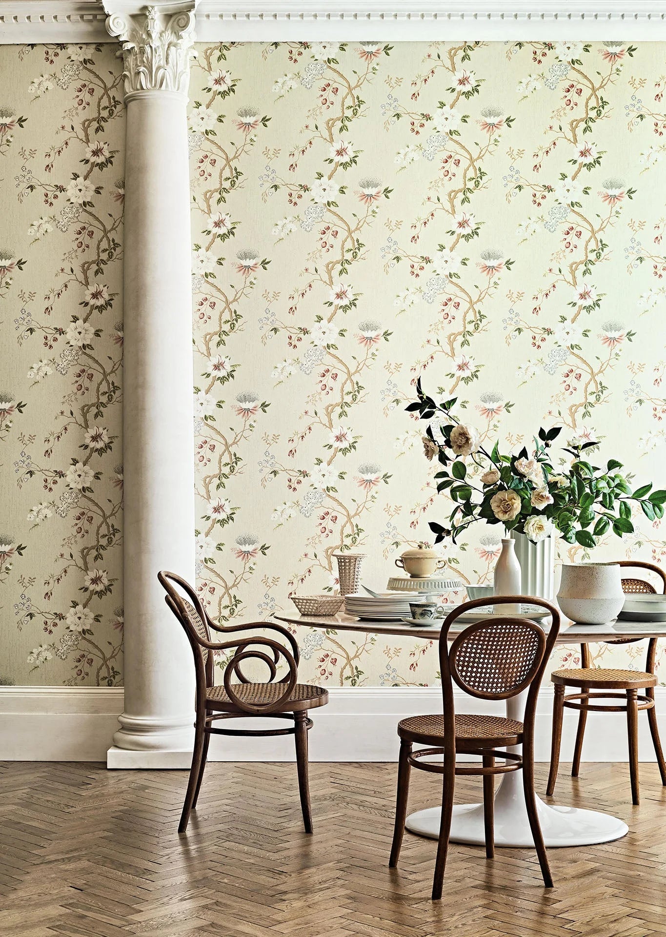 Cole & Son Botanical - Botanica, Camellia,  Coral & Duck Egg on Eau du Nil