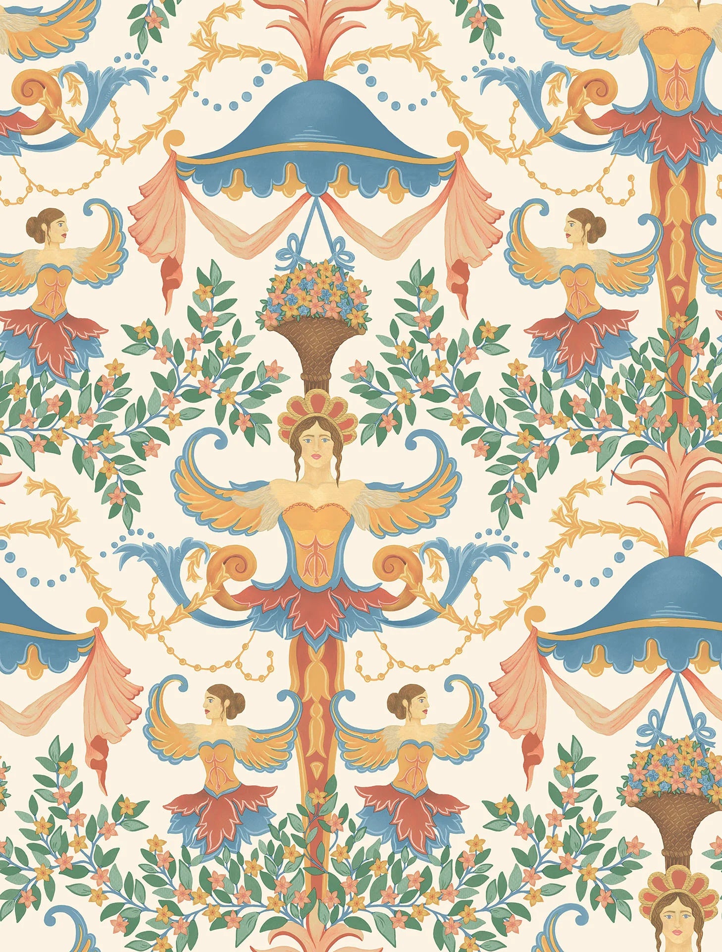 Cole & Son Historic Royal Palaces Chamber Angels, Cerulean Sky, Rouge & Marigold on Parchment