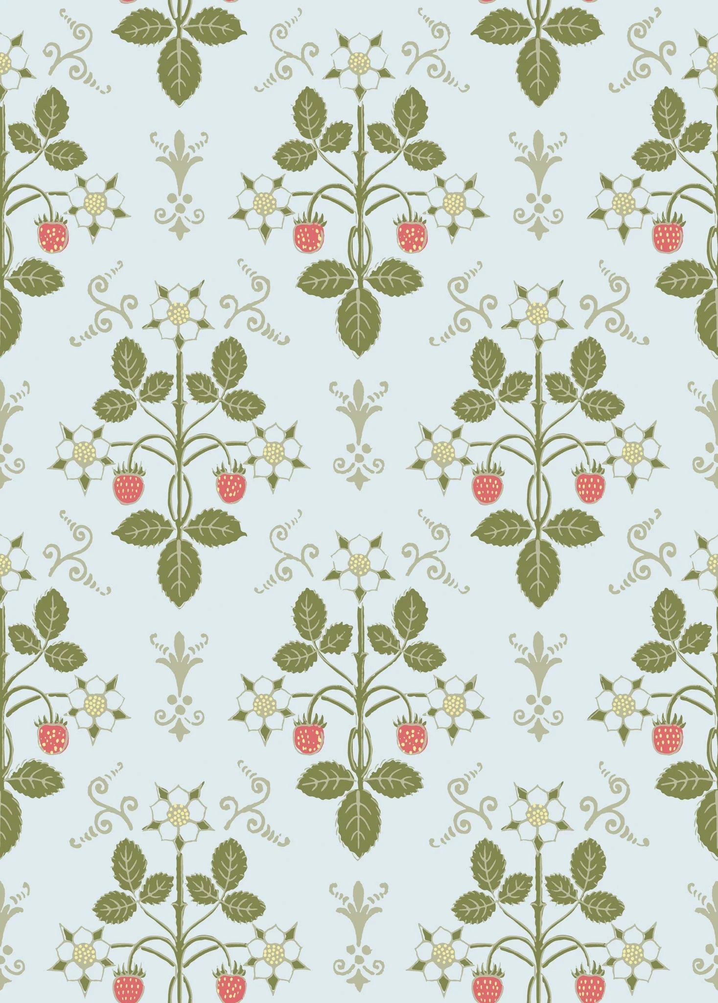 Cole & Son, Classics Vol I, Strawberry, Olive on Print Room Blue