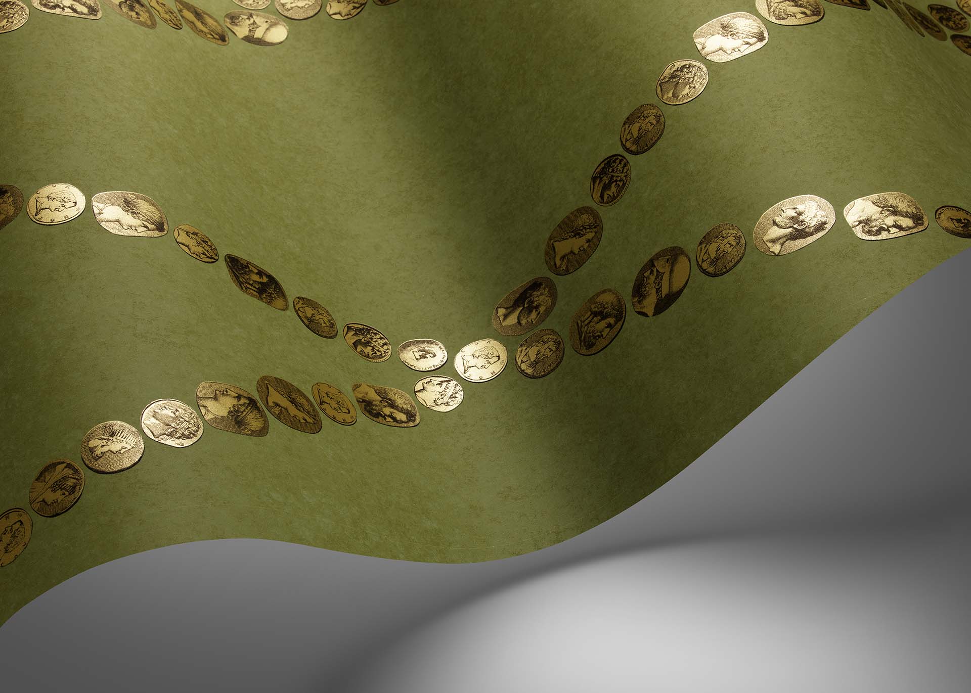 Cole & Son Fornasetti Senza Tempo II, Cammei, Antique Gold on Olive