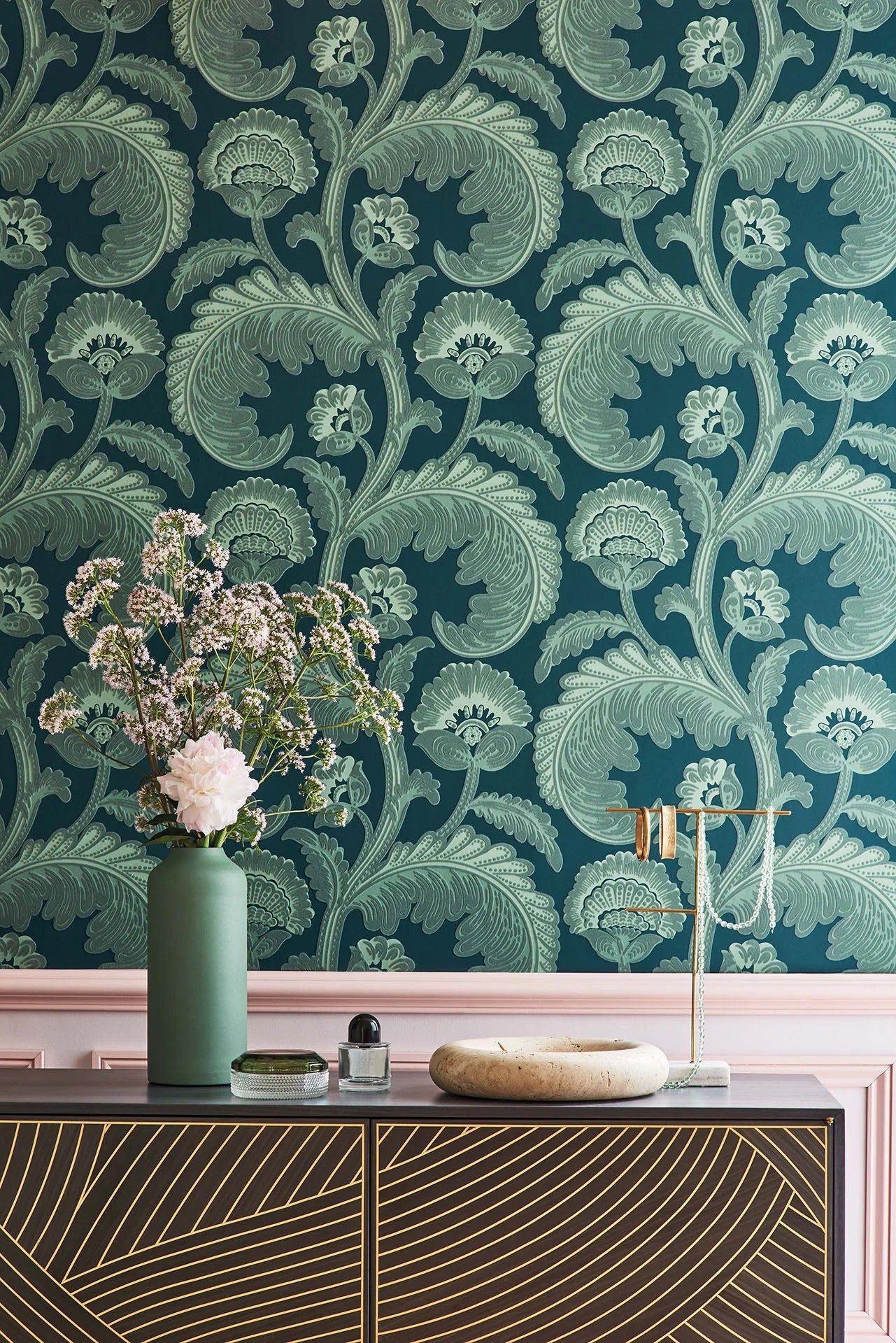 Cole & Son The Pearwood Collection. Fanfare Flock, Duck Egg on Dark Petrol