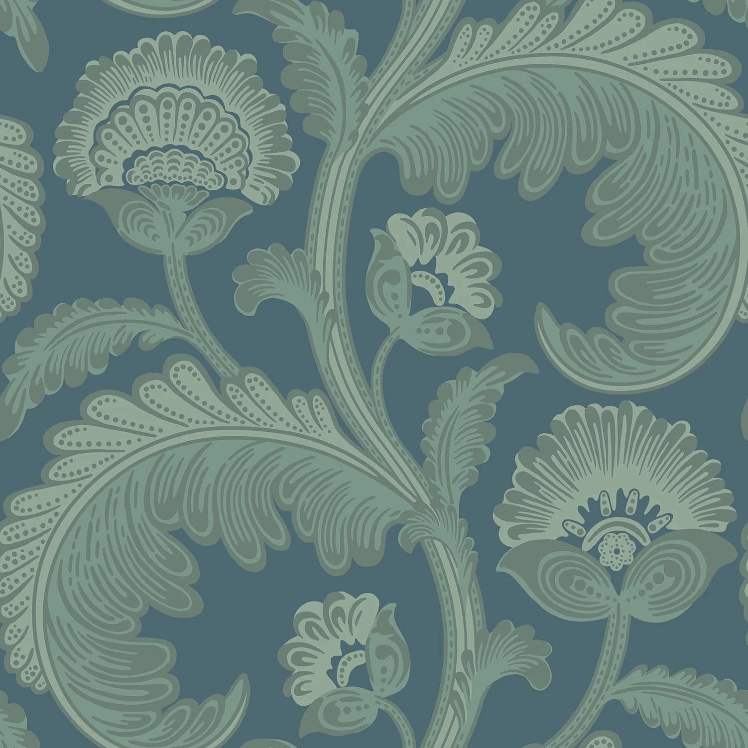 Cole & Son The Pearwood Collection. Fanfare Flock, Duck Egg on Dark Petrol