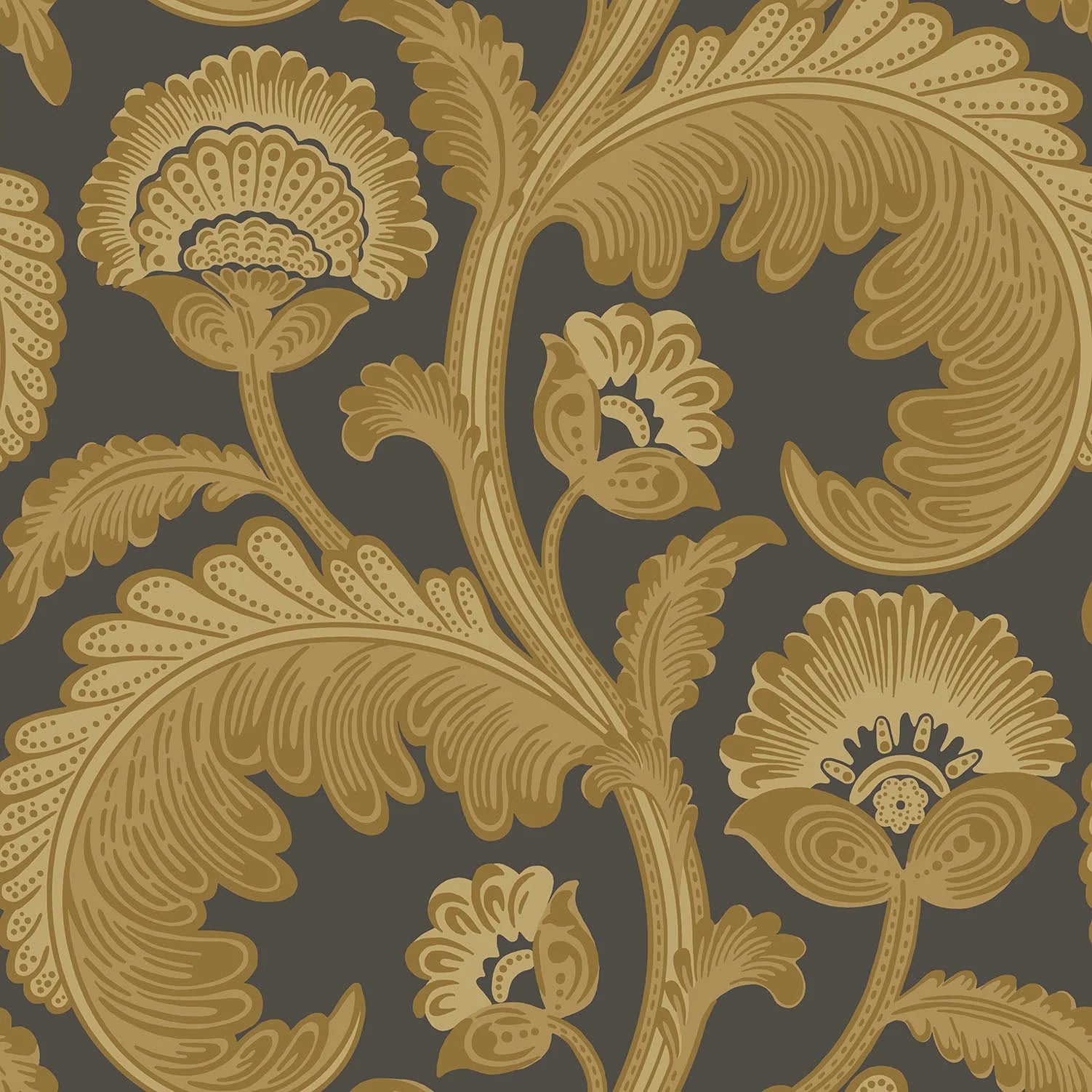 Cole & Son The Pearwood Collection. Fanfare Flock, Ochre on Charcoal