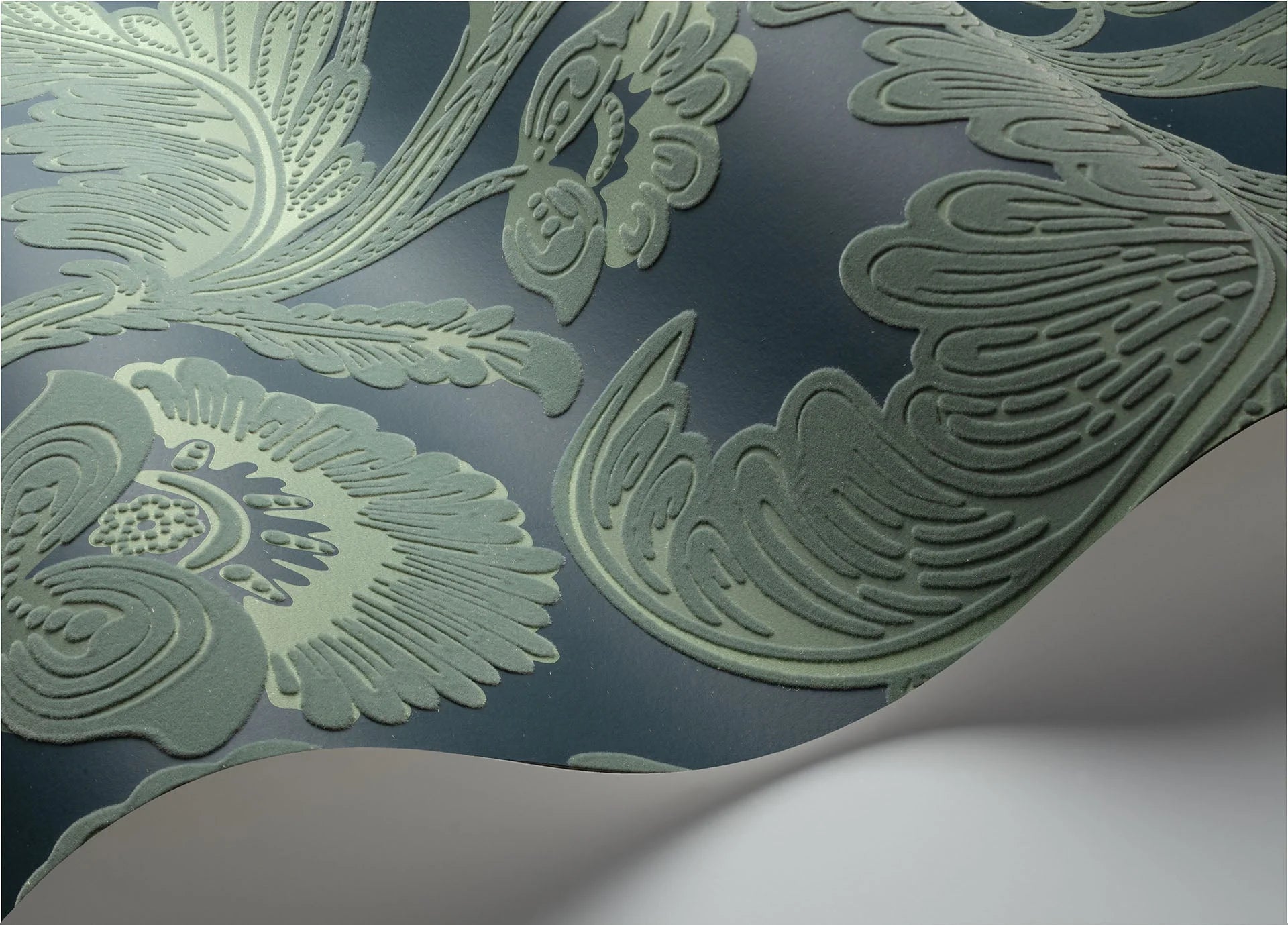 Cole & Son The Pearwood Collection. Fanfare Flock, Duck Egg on Dark Petrol