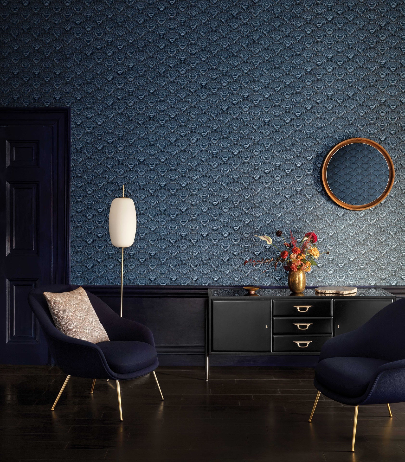 Cole & Son Contemporary Collection,  Feather Fan Metallic Cornflower on Ink
