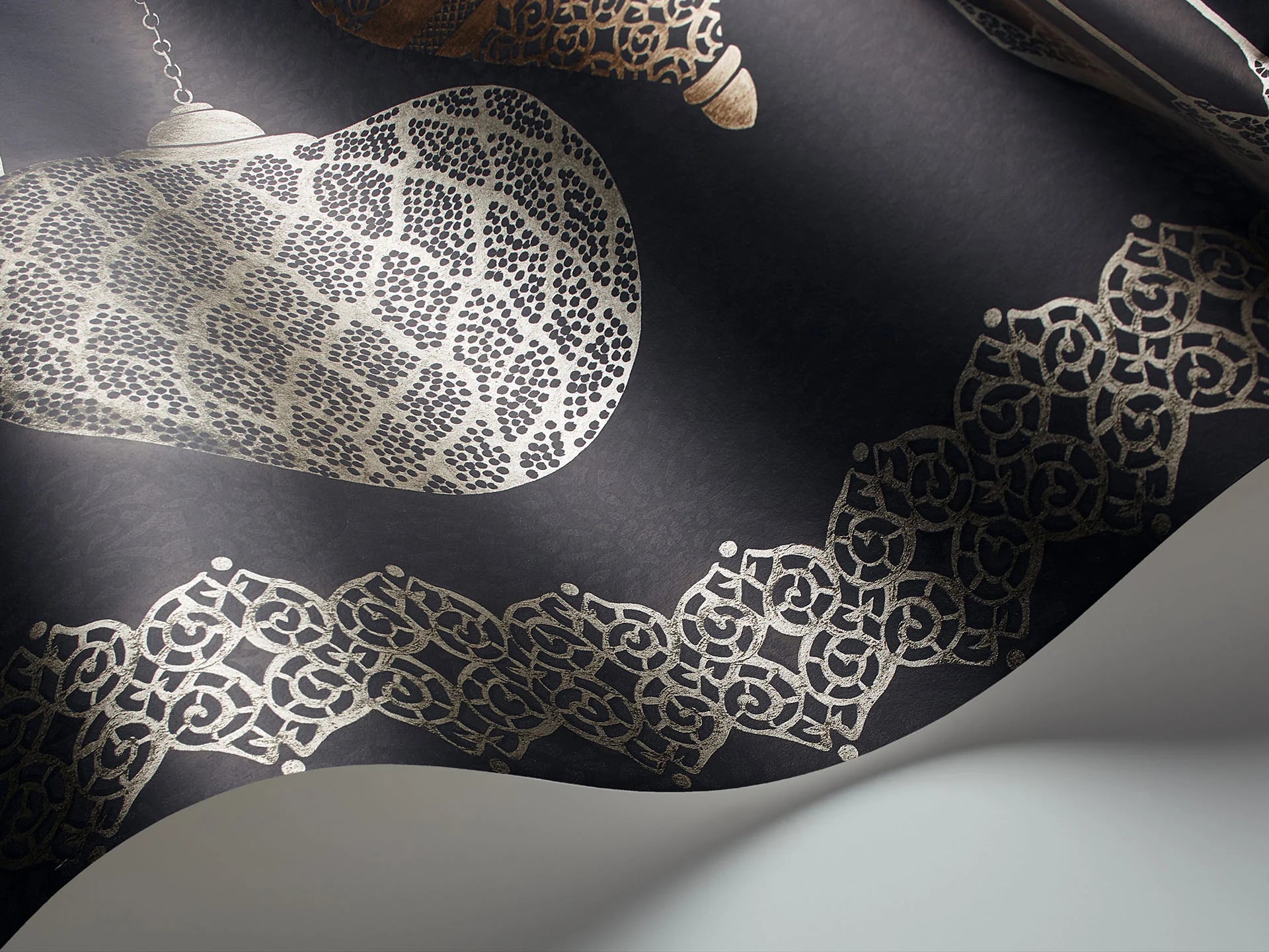 Cole & Son Martyn Lawrence Bullard,  Parchment , Fez Border, Metallic Silver & Metallic Bronze on Charcoal