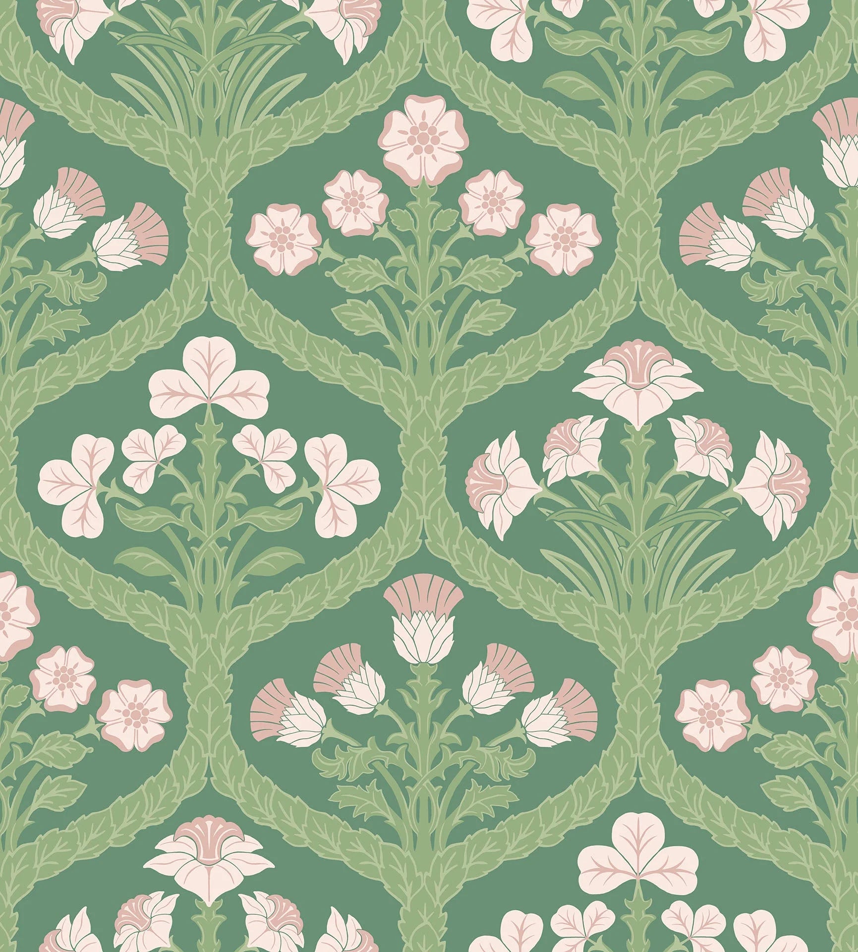 Cole & Son The Pearwood Collection. Floral Kingdom,  Ballet Slipper & Leaf Green on Forest
