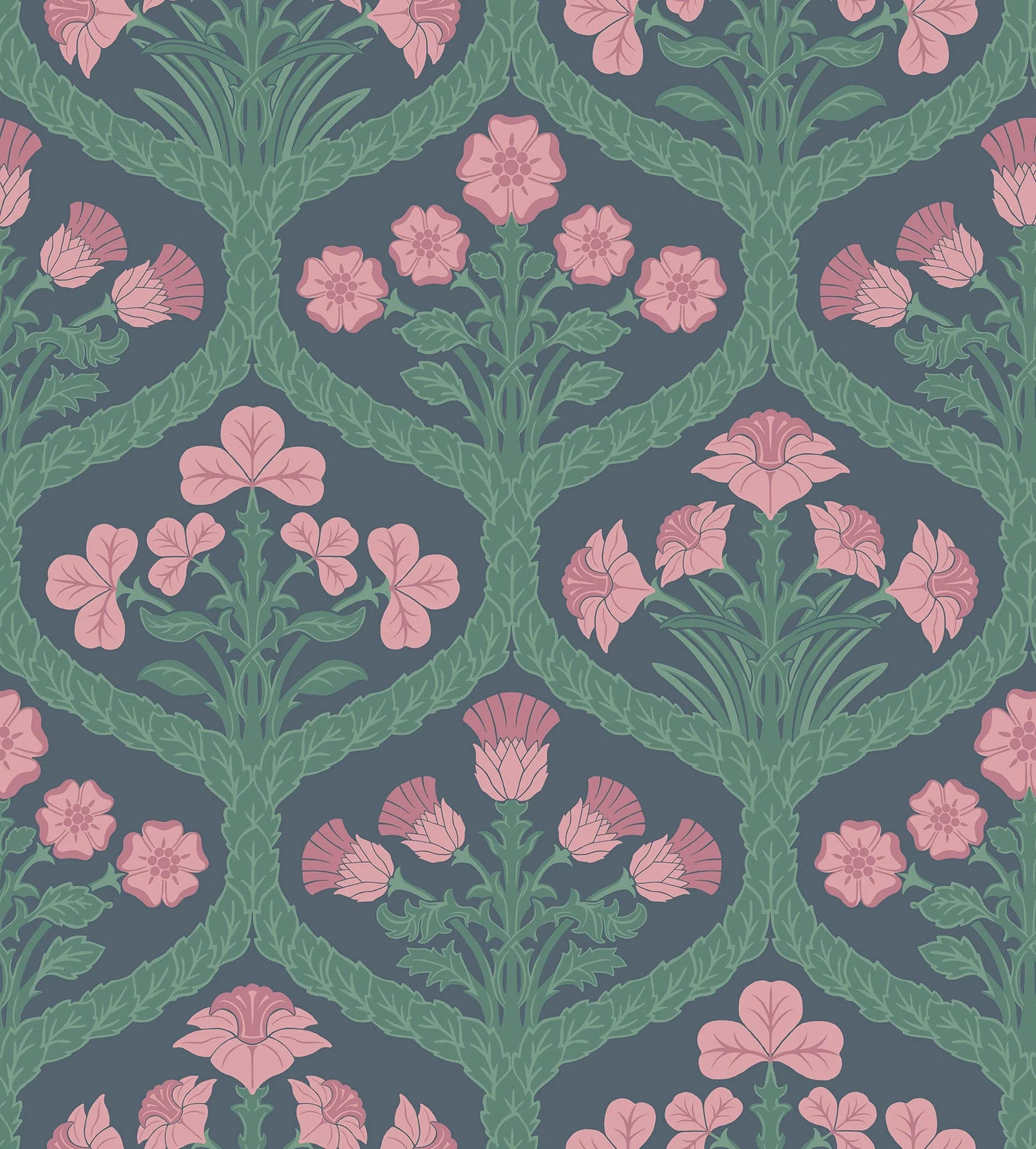 Cole & Son The Pearwood Collection. Floral Kingdom,  Rose & Forest on Charcoal