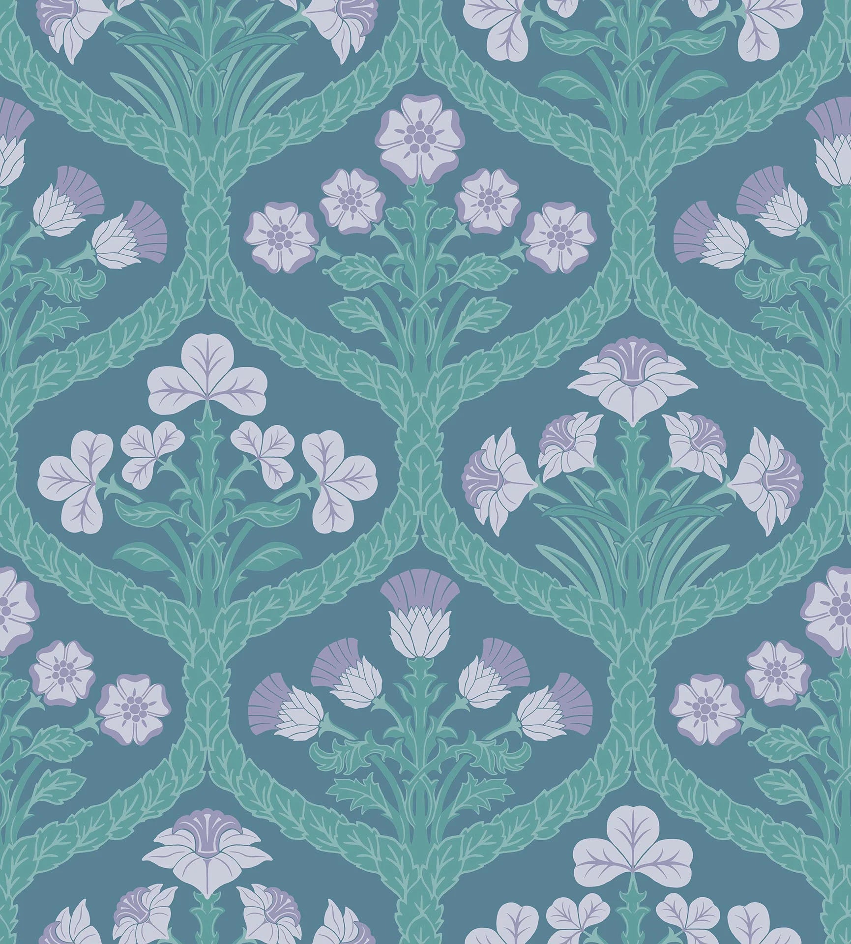 Cole & Son The Pearwood Collection. Floral Kingdom,  Lilac & Teal on Denim