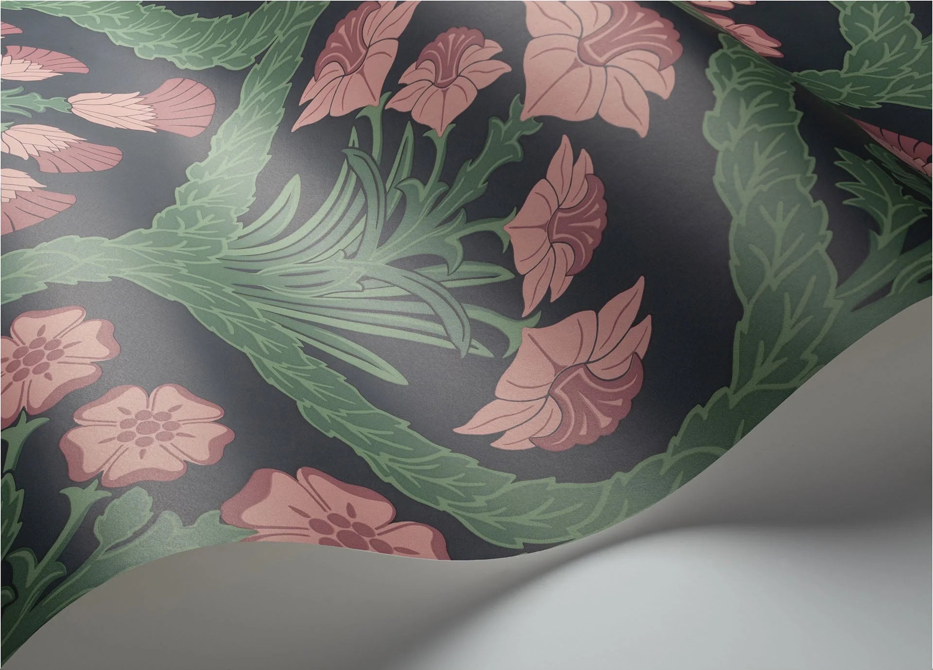 Cole & Son The Pearwood Collection. Floral Kingdom,  Rose & Forest on Charcoal