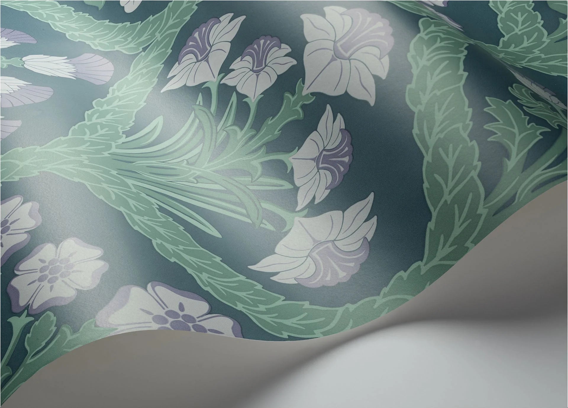 Cole & Son The Pearwood Collection. Floral Kingdom,  Lilac & Teal on Denim