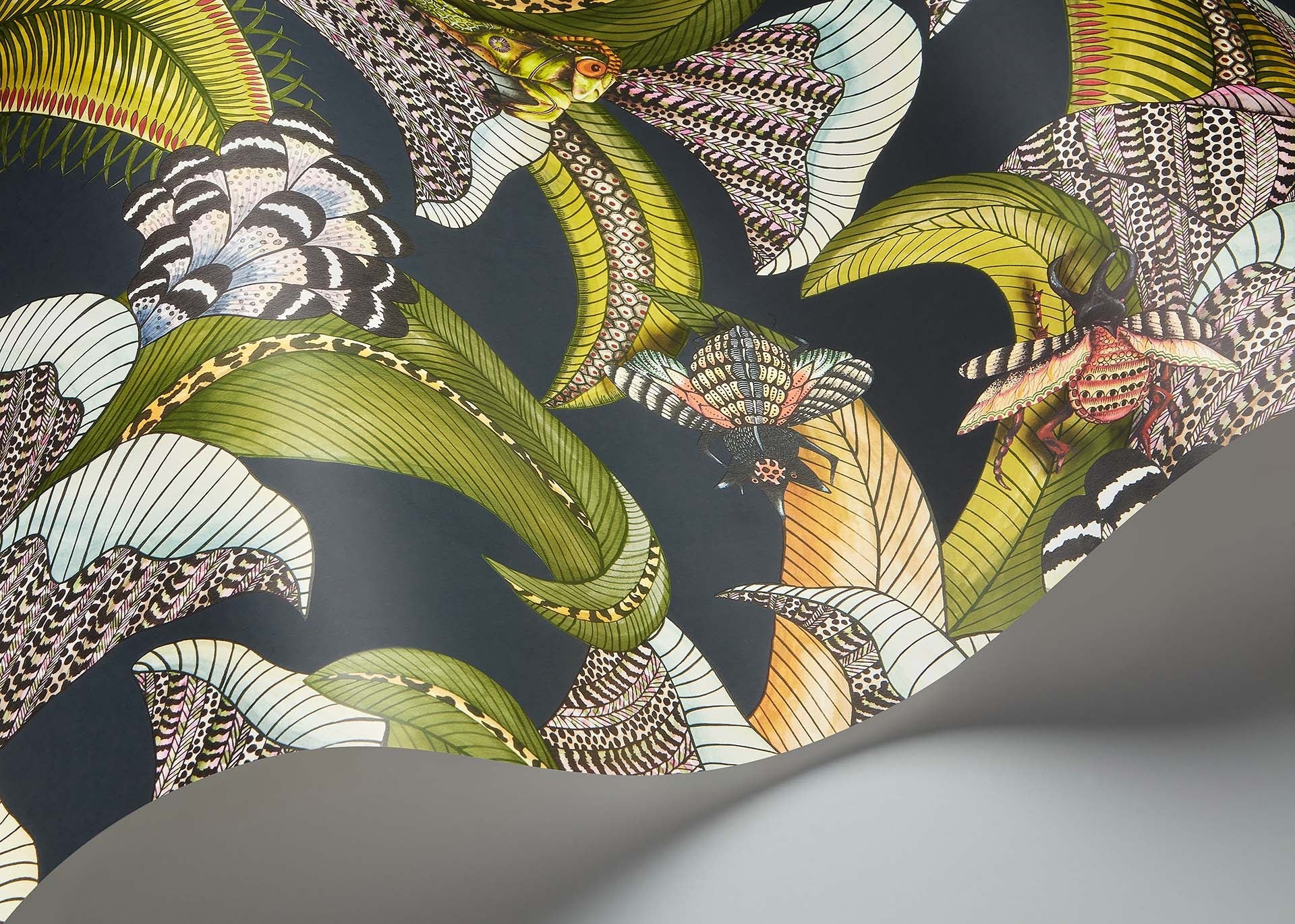 Cole & Son Jabula Hoopoe Leaves, Forest Green, Lime & Fuchsia on Dark Viridian