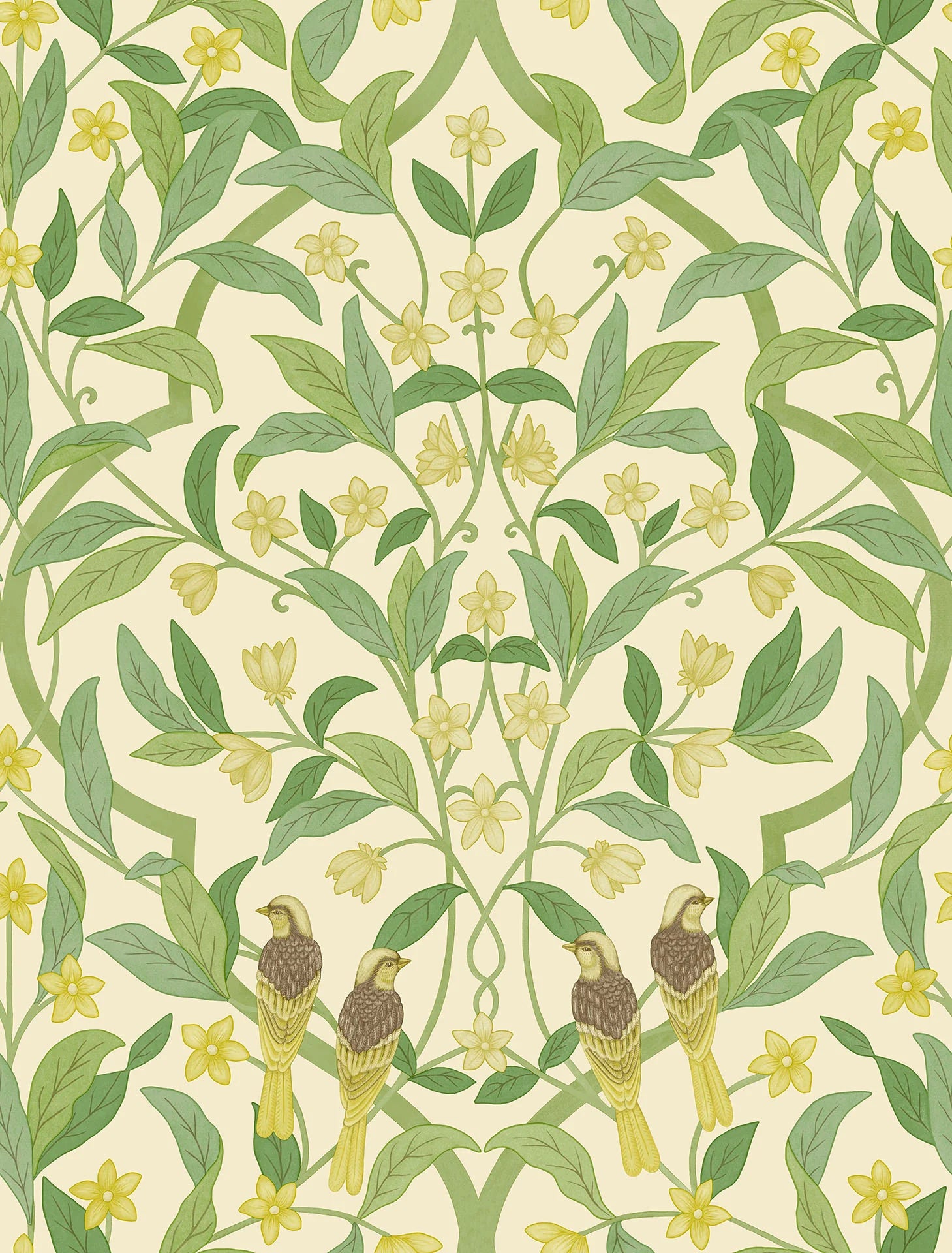 Cole & Son Seville Jasmine & Serin Symphony, Chartreuse & Olive Green on White