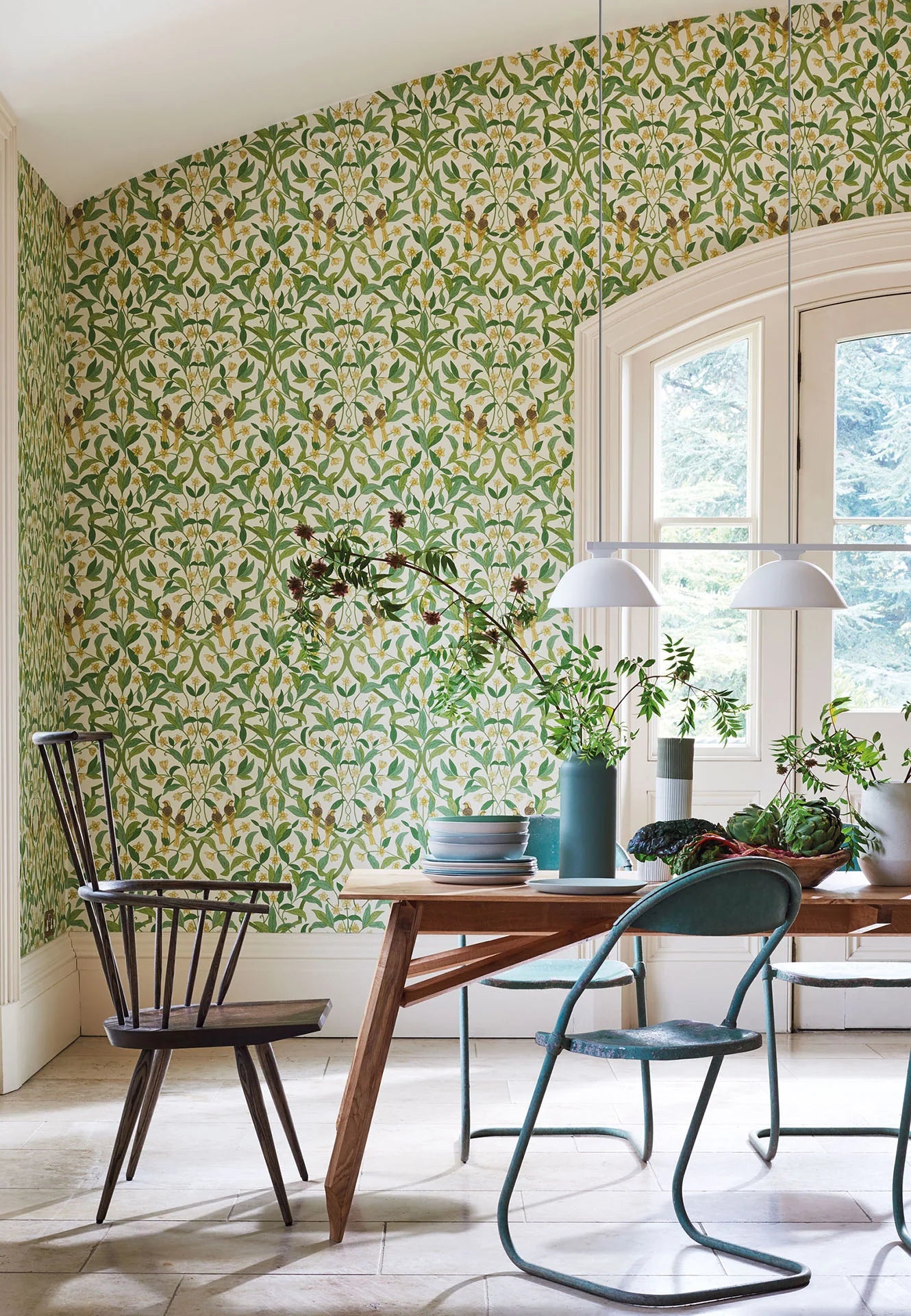 Cole & Son Seville Jasmine & Serin Symphony, Chartreuse & Olive Green on White