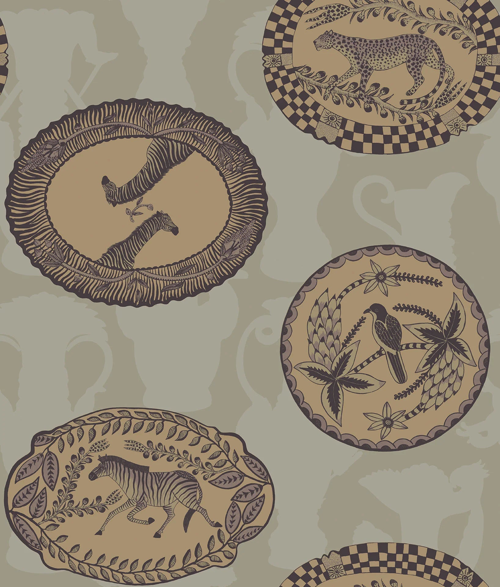 Cole & Son Ardmore Matrinah, Metallic Gold & Charcoal on Old Olive
