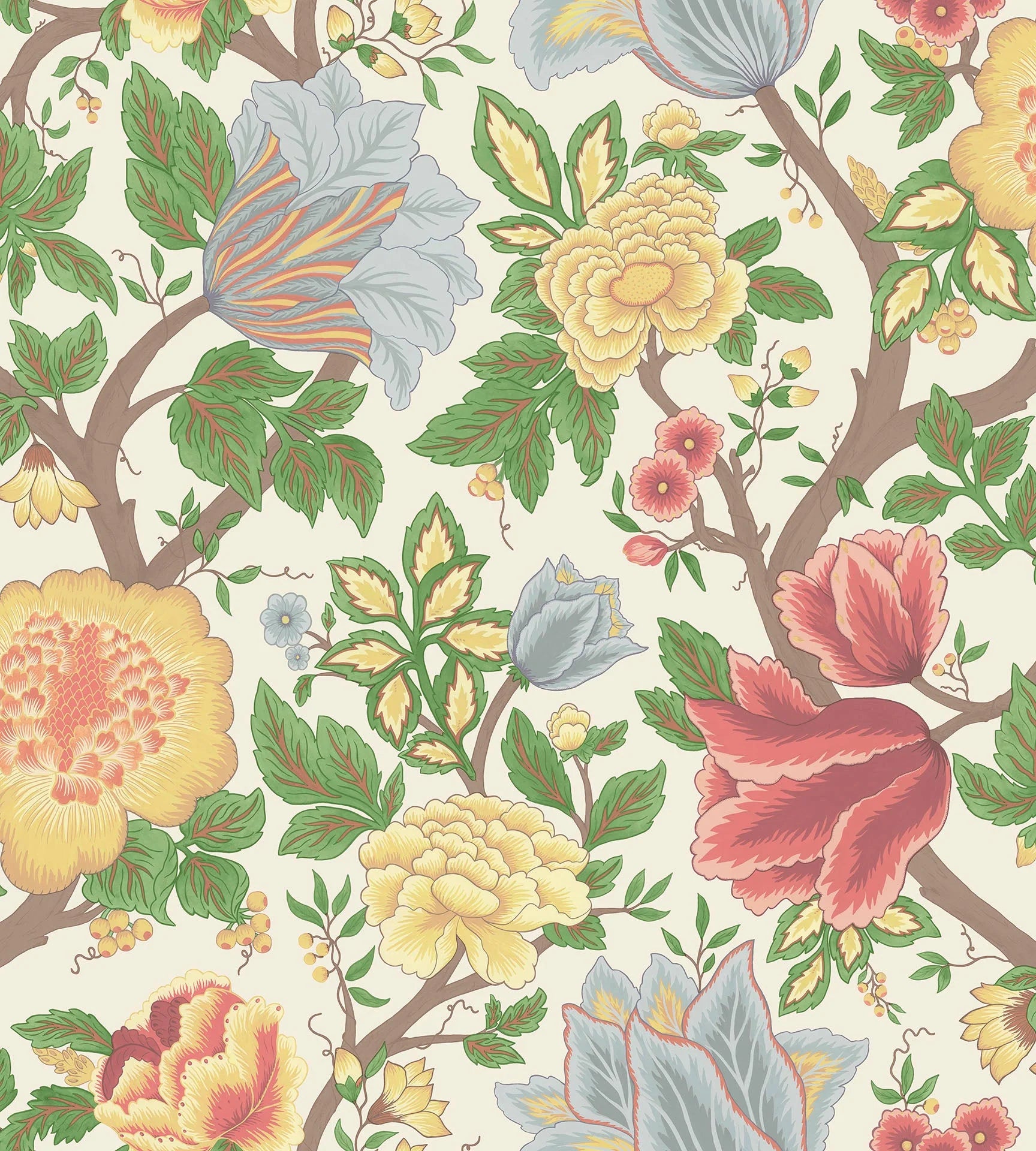Cole & Son The Pearwood Collection. Midsummer Bloom, Chartreuse, Rouge & Leaf Green on Parchment