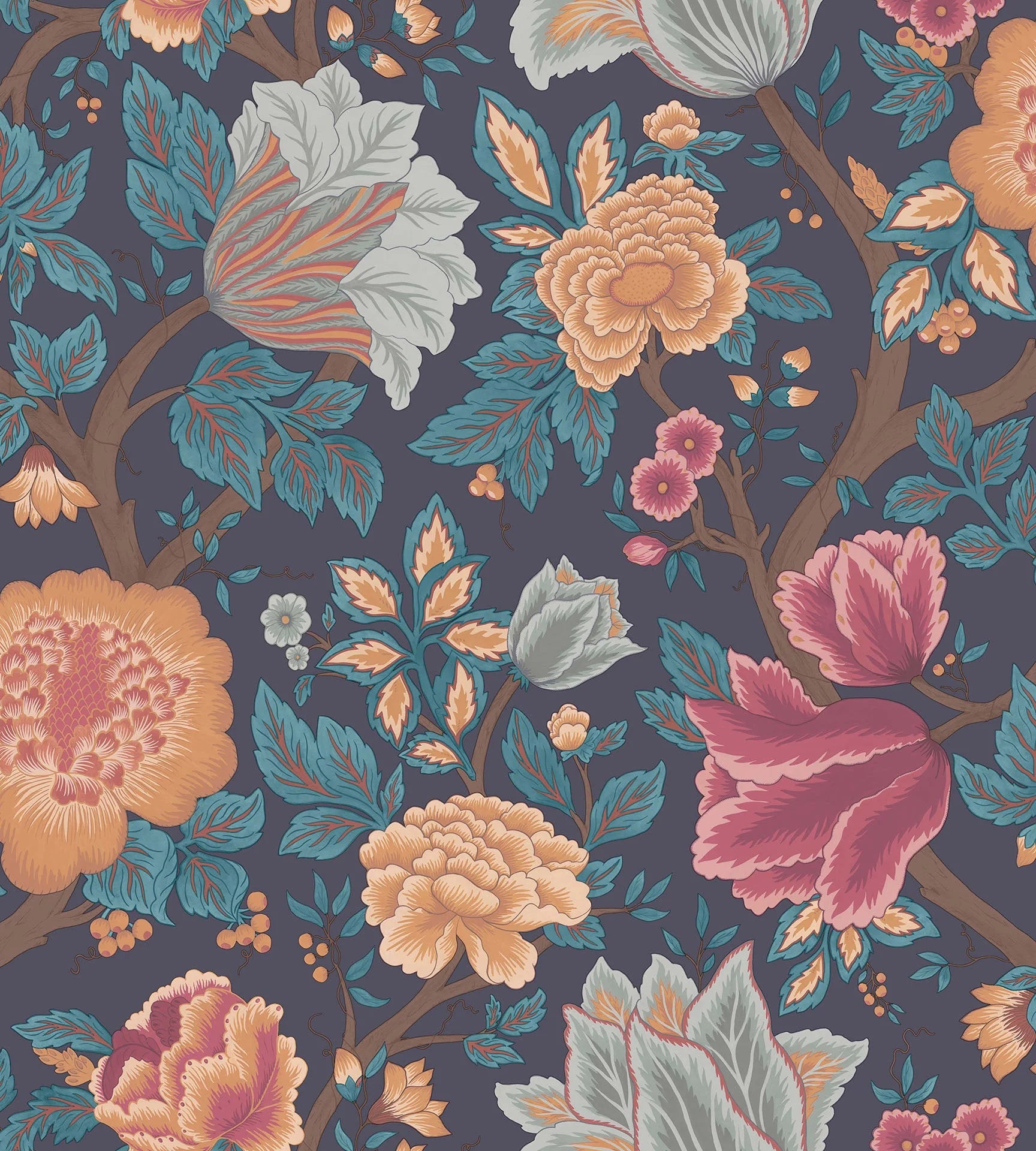 Cole & Son The Pearwood Collection. Midsummer Bloom, Burnt Orange, Rose & Petrol on Ink