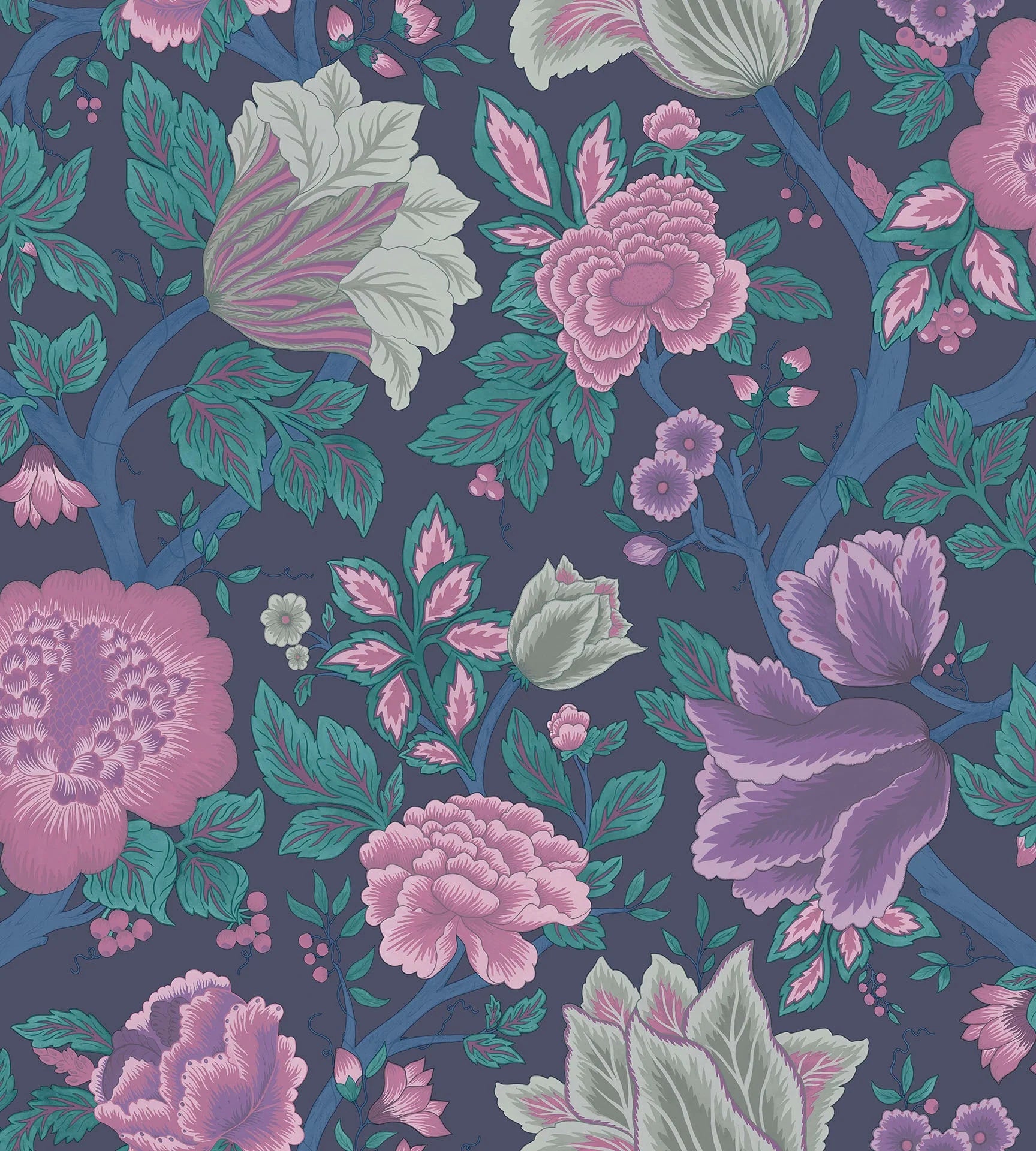 Cole & Son The Pearwood Collection. Midsummer Bloom, Mulberry, Purple & Teal on Ink