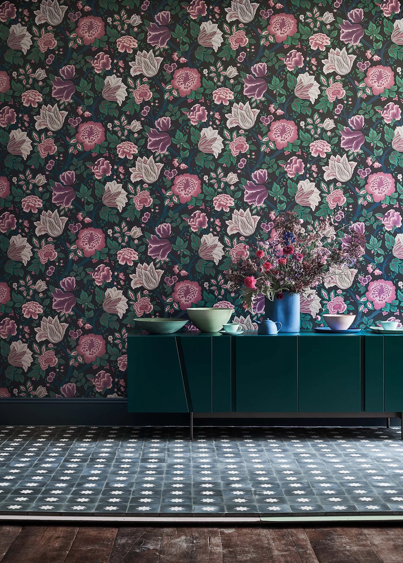 Cole & Son The Pearwood Collection. Midsummer Bloom, Mulberry, Purple & Teal on Ink