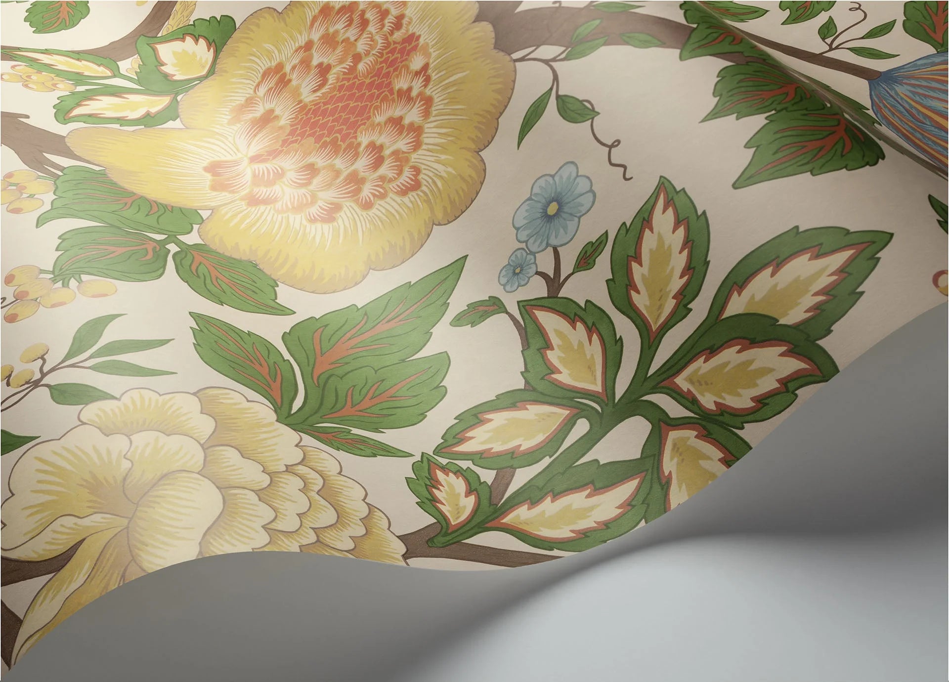 Cole & Son The Pearwood Collection. Midsummer Bloom, Chartreuse, Rouge & Leaf Green on Parchment