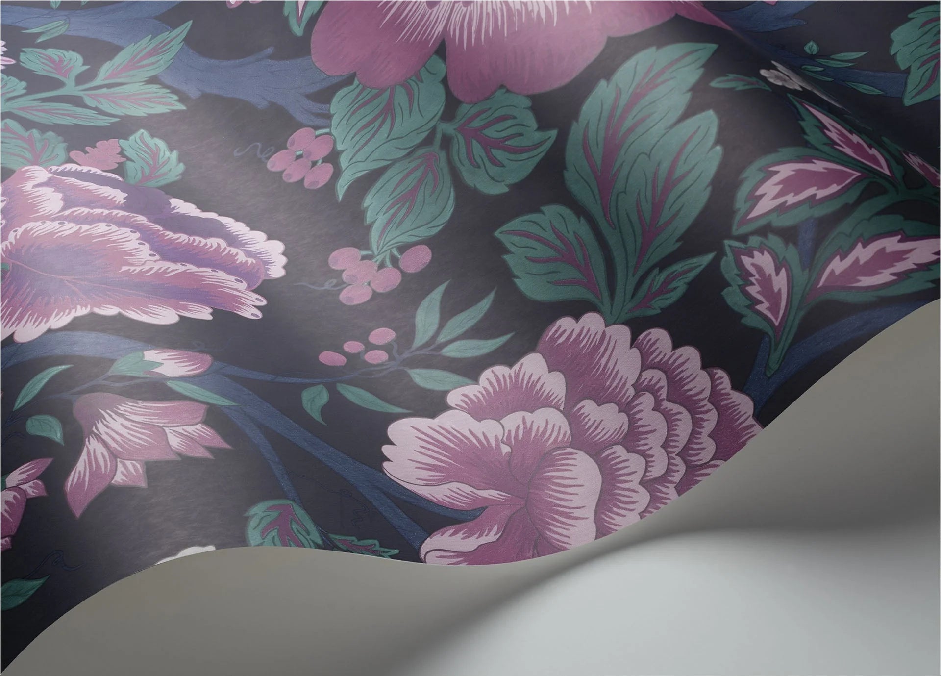 Cole & Son The Pearwood Collection. Midsummer Bloom, Mulberry, Purple & Teal on Ink