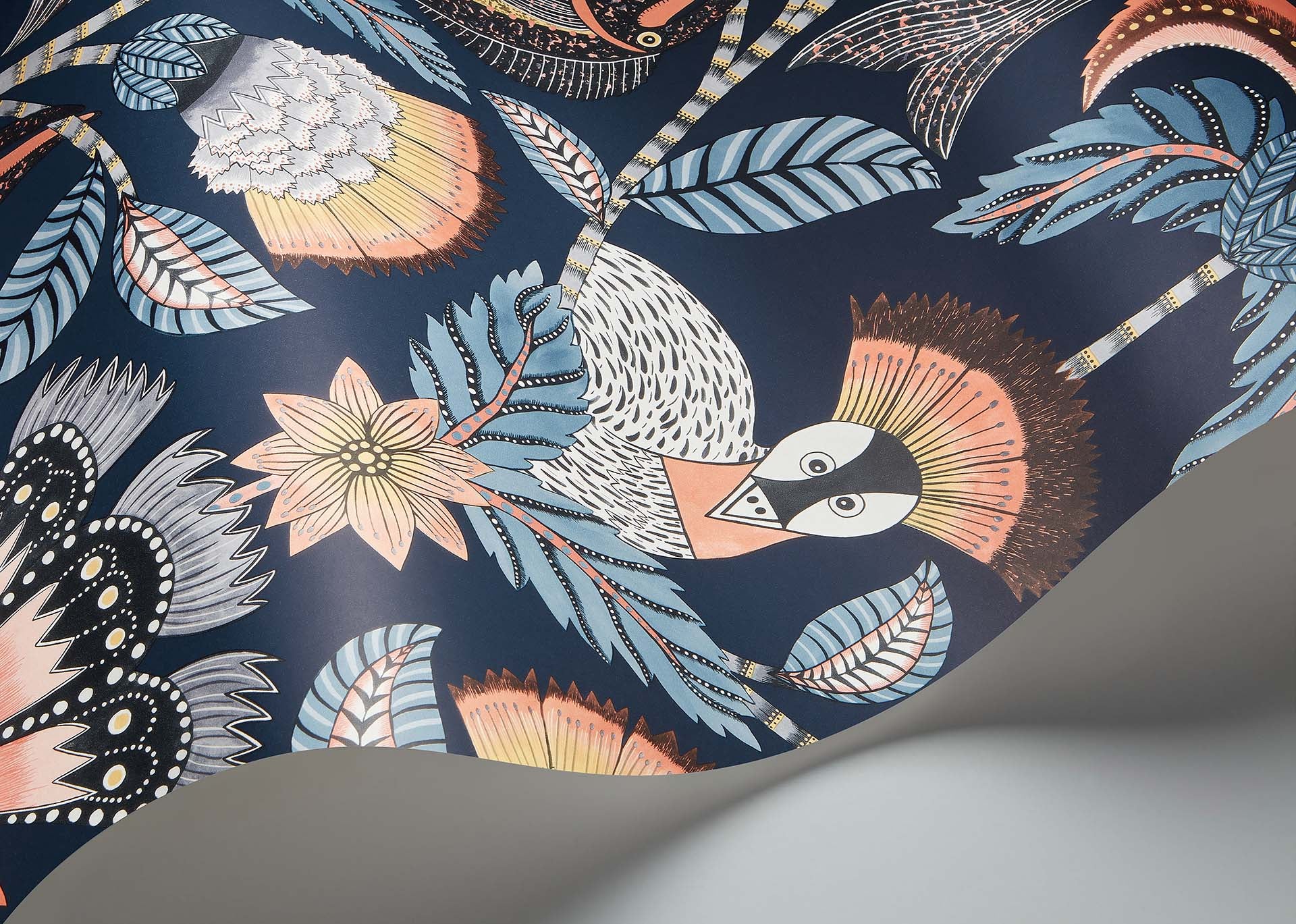 Cole & Son Ardmore Jabula . Nene , Terracotta, Cerulean Blue & Heath Grey on Midnight