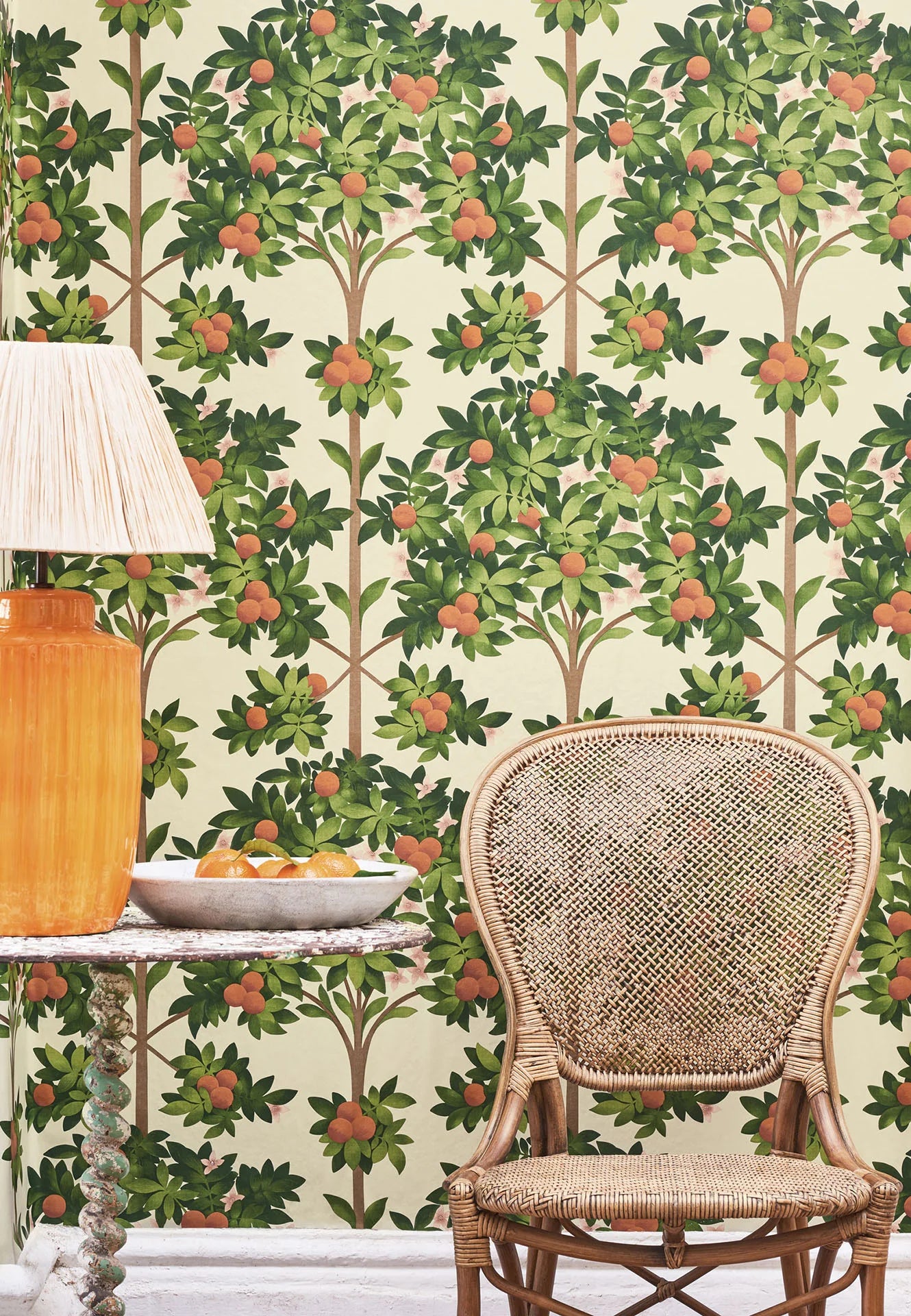 Cole & Son Seville Orange Blossom, Orange & Spring Green on Parchment