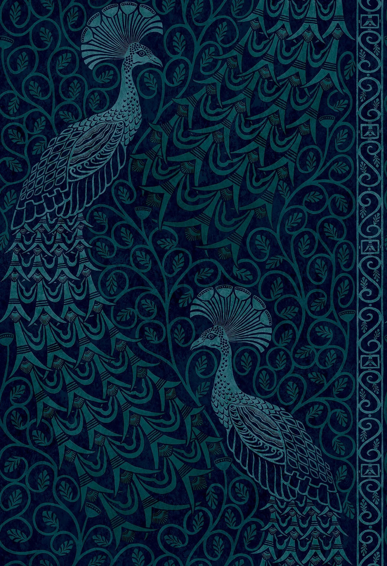 Cole & Son The Pearwood Collection. Pavo Parade, Metallic Petrol on Ink