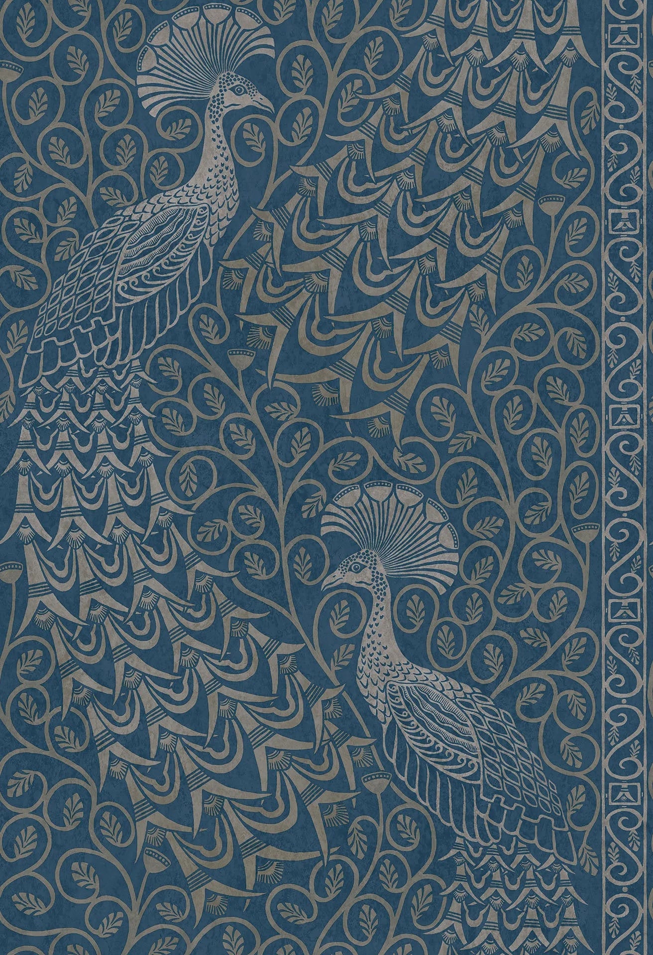 Cole & Son The Pearwood Collection.  Pavo Parade, Metallic Silver on Denim