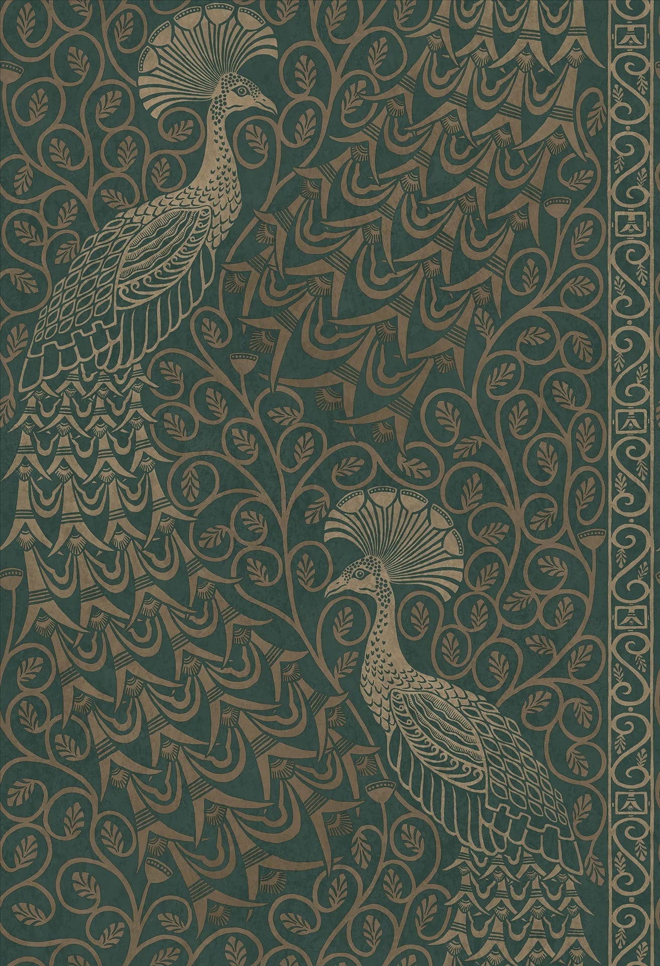 Cole & Son The Pearwood Collection.  Pavo Parade, Metallic Gilver on Racing Car Green
