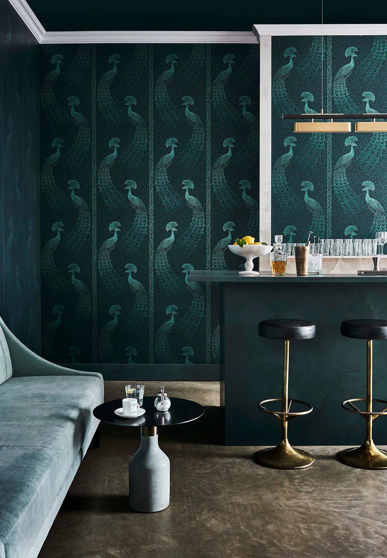 Cole & Son The Pearwood Collection. Pavo Parade, Metallic Petrol on Ink