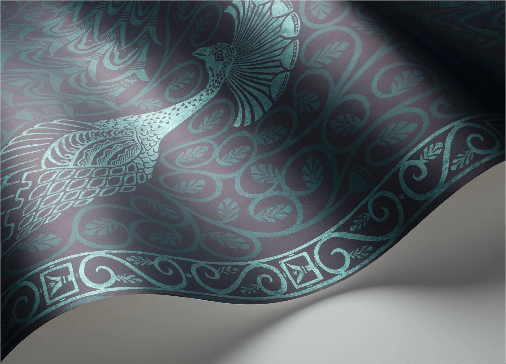 Cole & Son The Pearwood Collection. Pavo Parade, Metallic Petrol on Ink