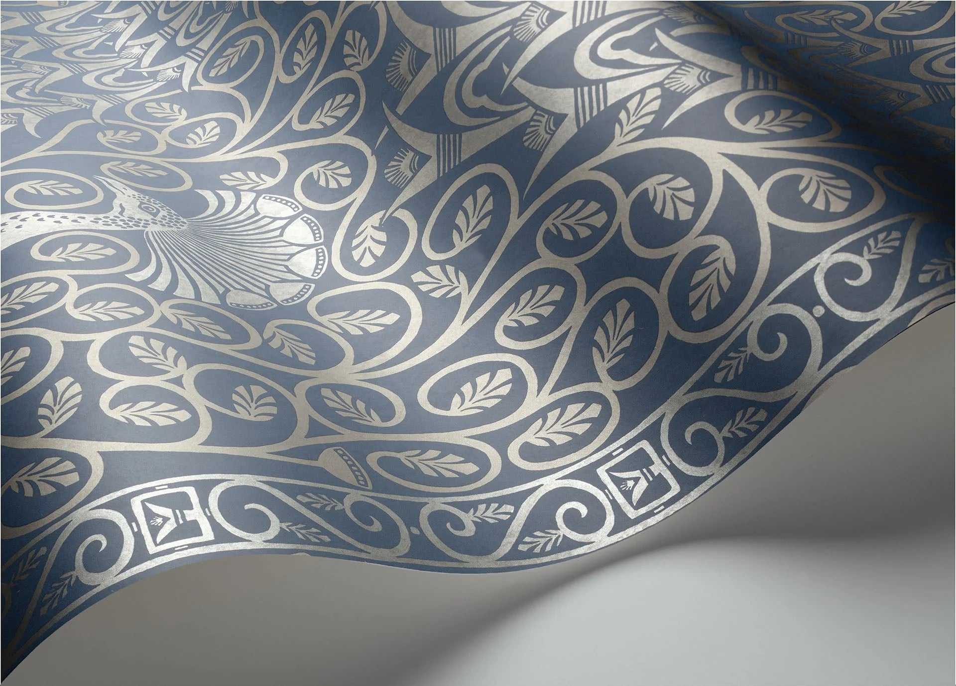 Cole & Son The Pearwood Collection.  Pavo Parade, Metallic Silver on Denim