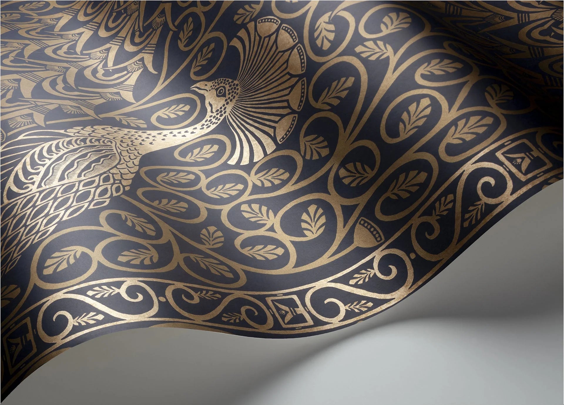 Cole & Son The Pearwood Collection.  Pavo Parade, Metallic Bronze on Midnight