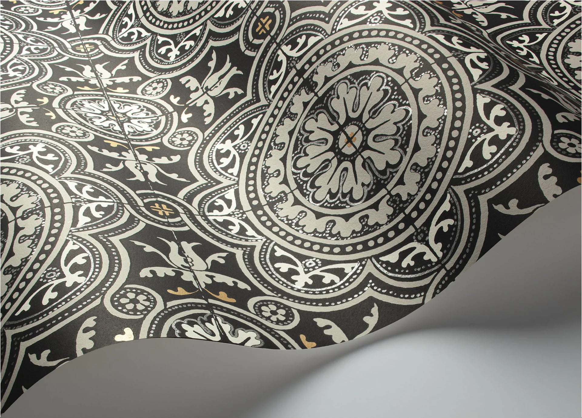 Cole & Son Seville Piccadilly, Grey & Metallic Gold on Black