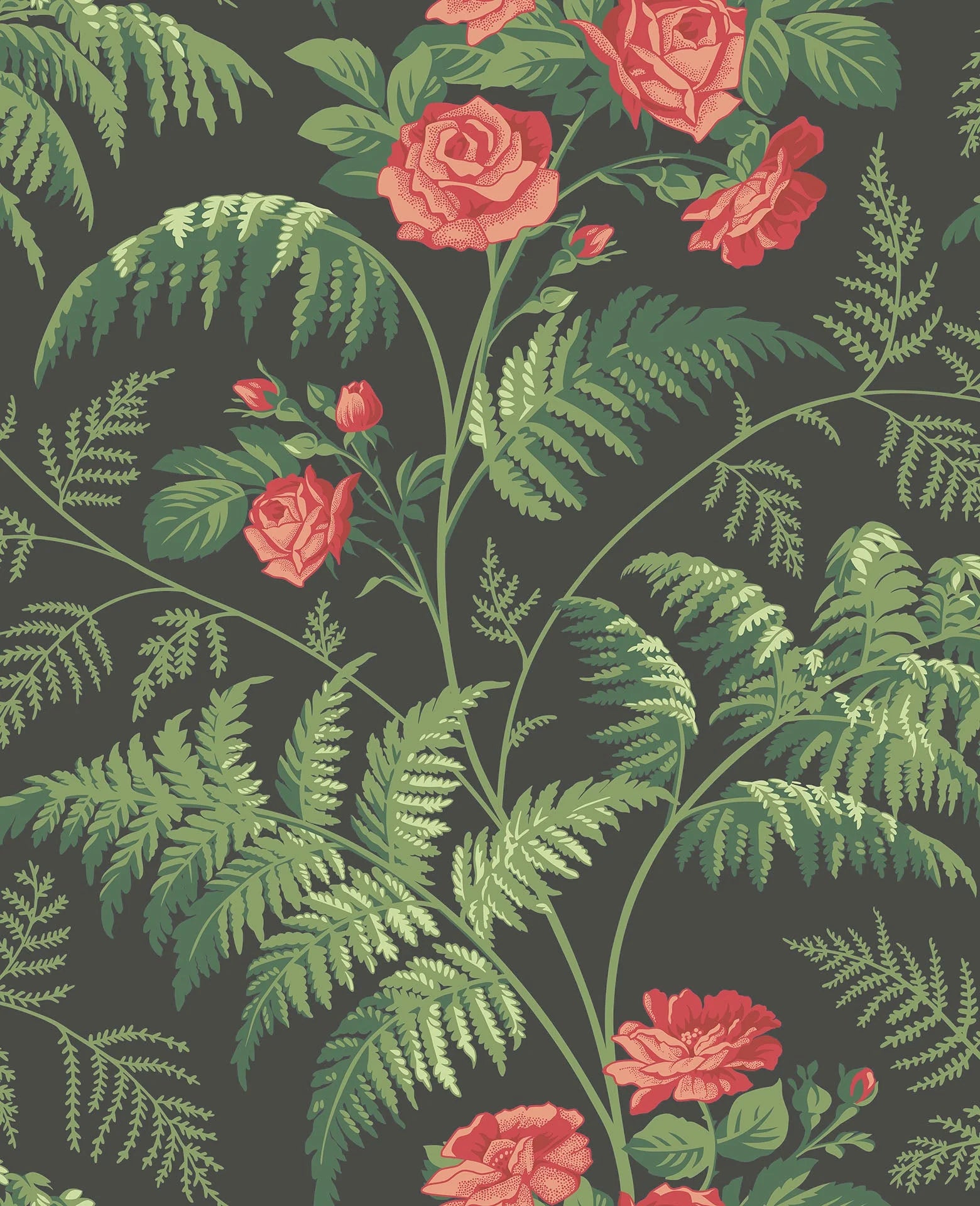Cole & Son Botanical - Botanica , Rose, Red & Leaf Green on Charcoal