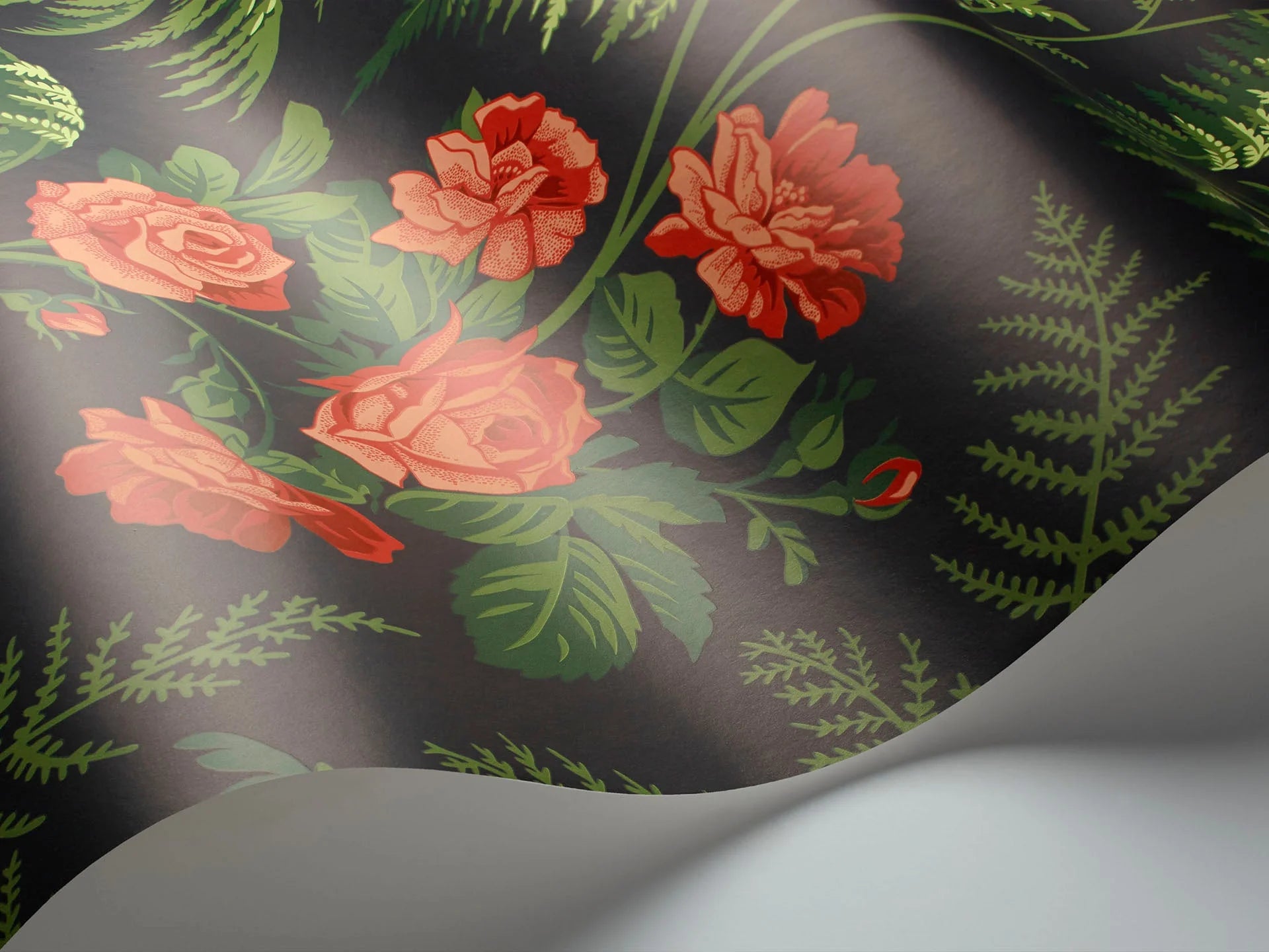 Cole & Son Botanical - Botanica , Rose, Red & Leaf Green on Charcoal