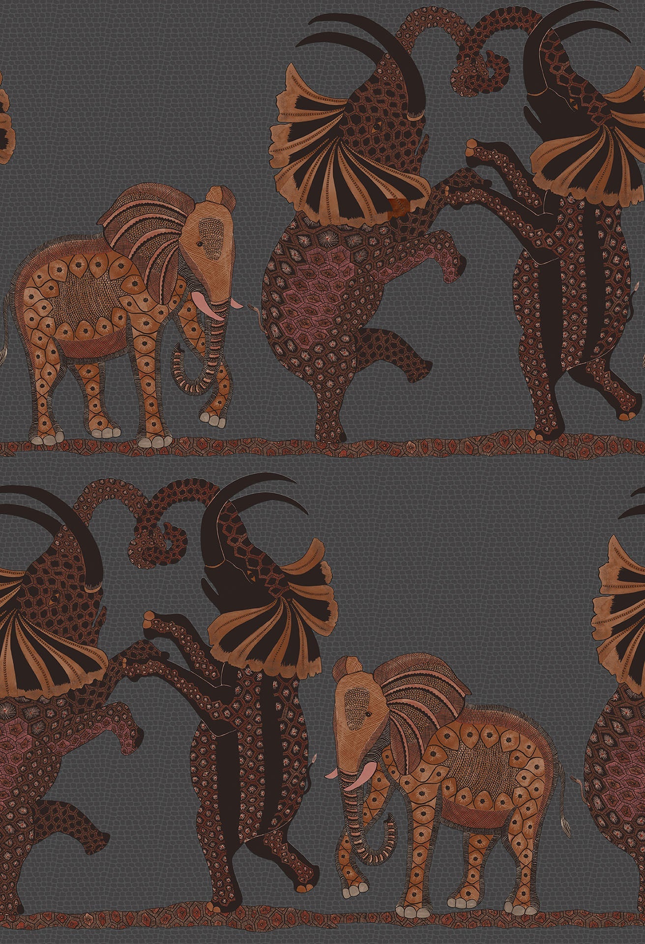 Cole & Son Ardmore Safari Dance, Ginger & Red on Charcoal