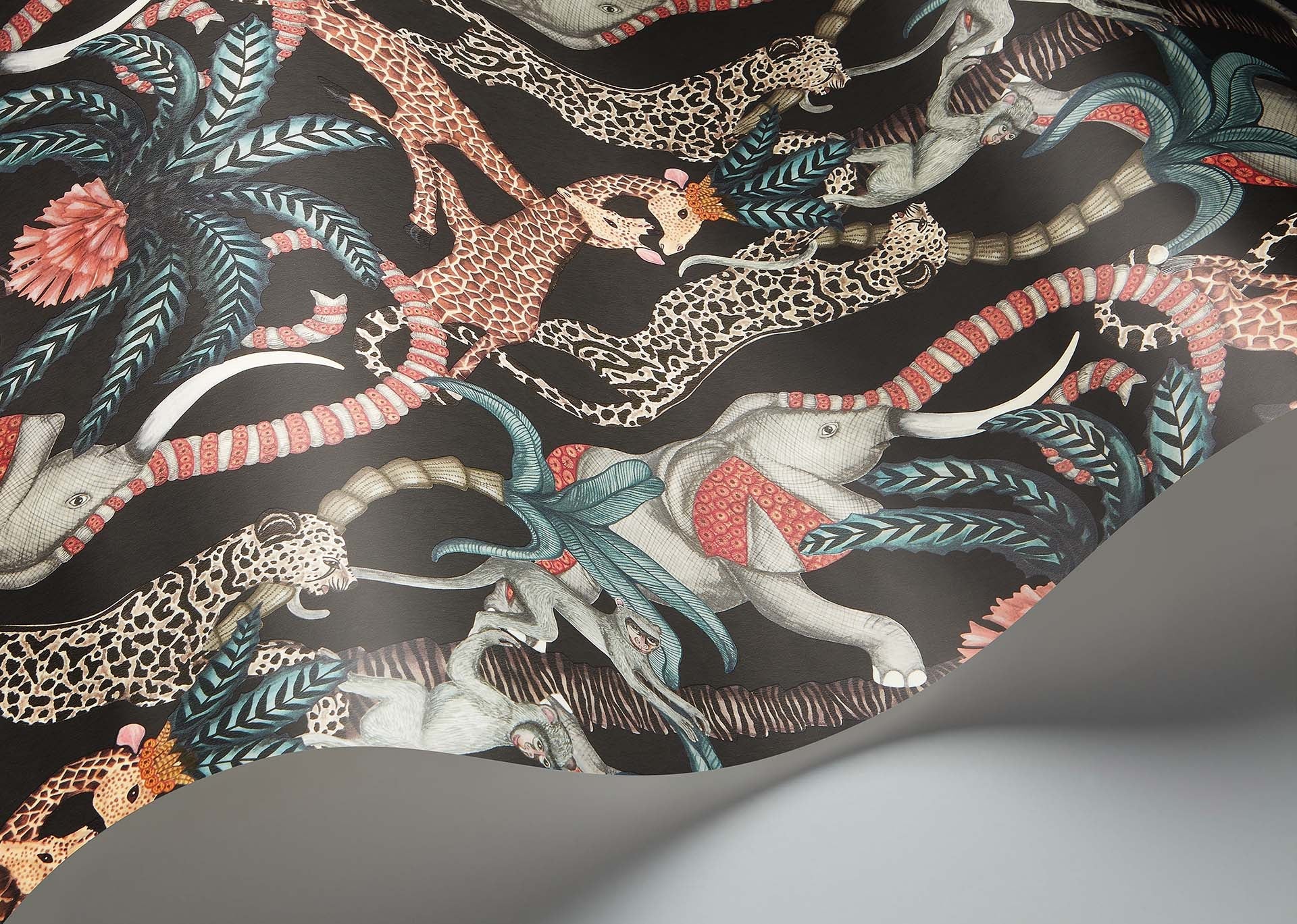 Cole & Son Jabula Safari Totem, Ruby & Print Room Blue on Charcoal