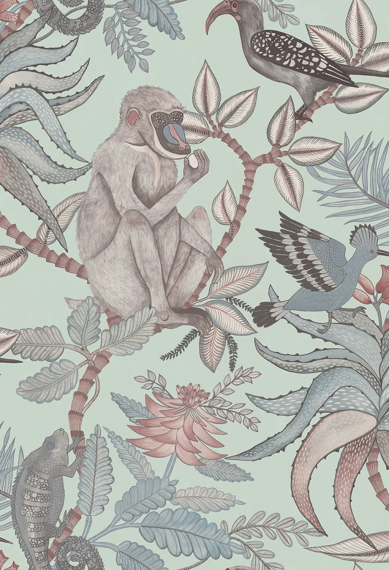 Cole & Son Ardmore Savuti, Blush & Sky Blue on Duck Egg