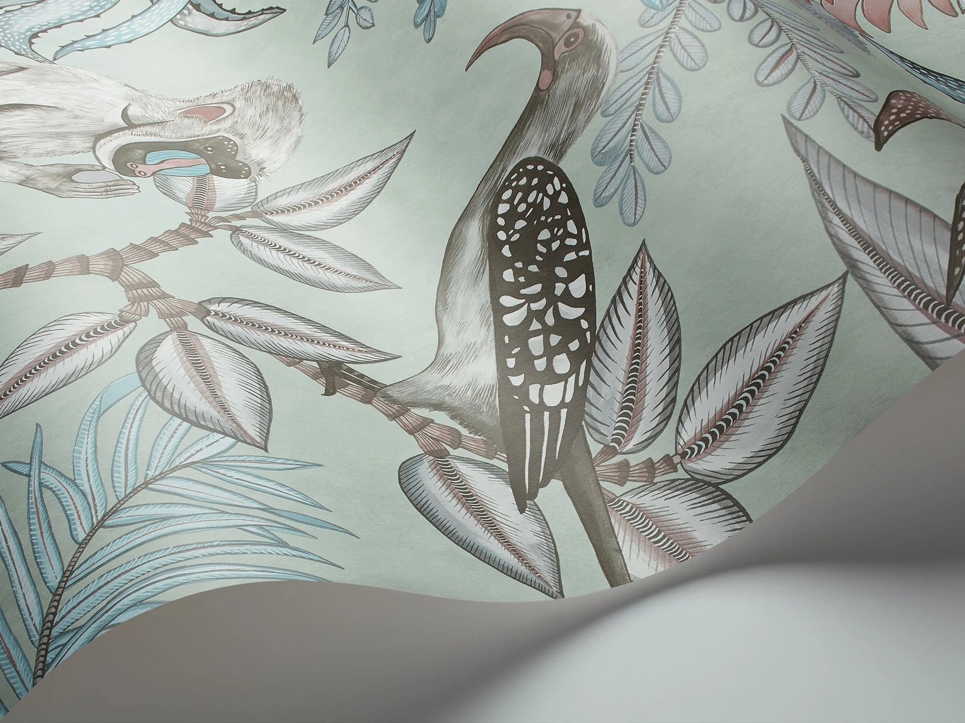 Cole & Son Ardmore Savuti, Blush & Sky Blue on Duck Egg