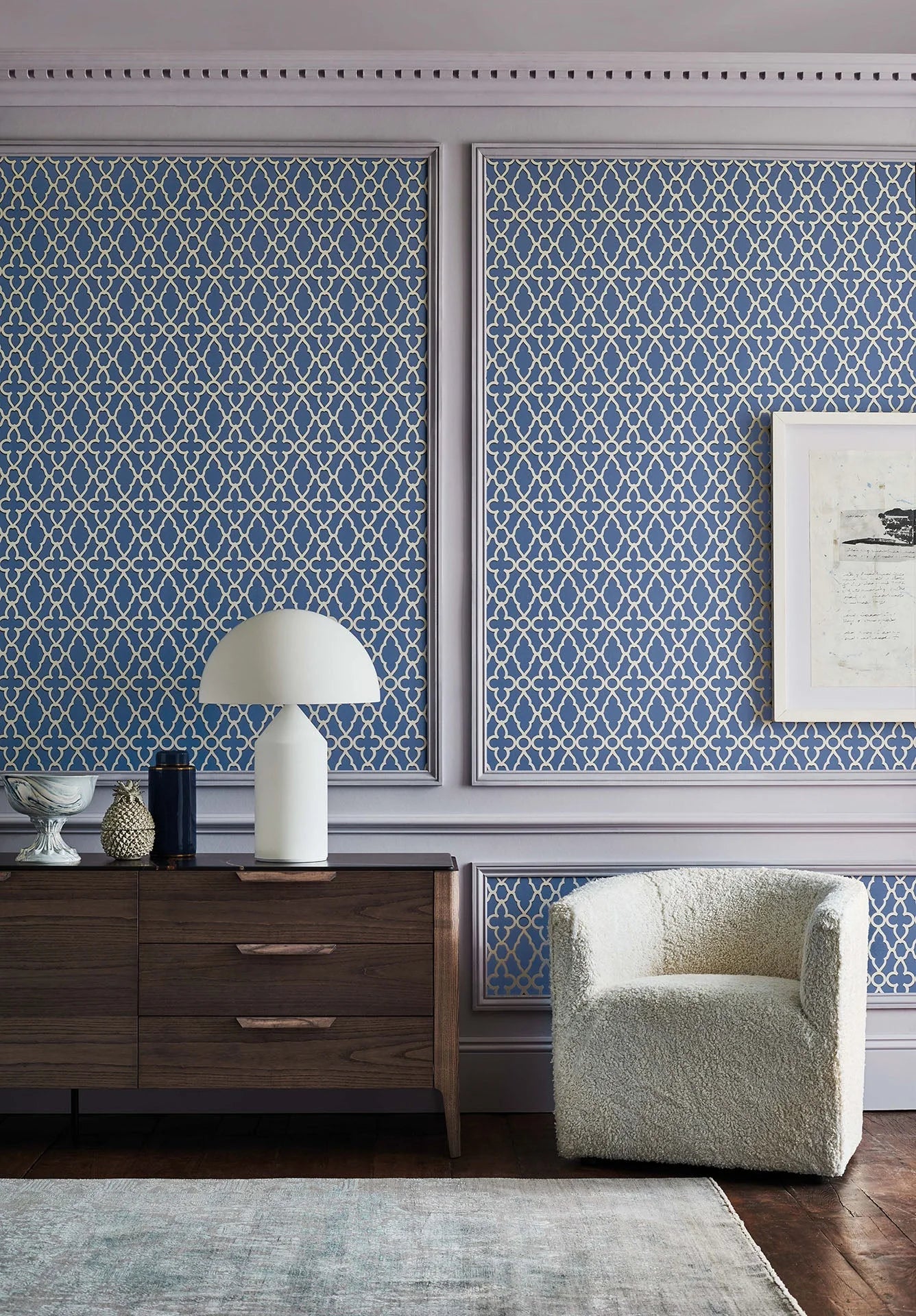 Cole & Son The Pearwood Collection.  Treillage, White on Hyacinth