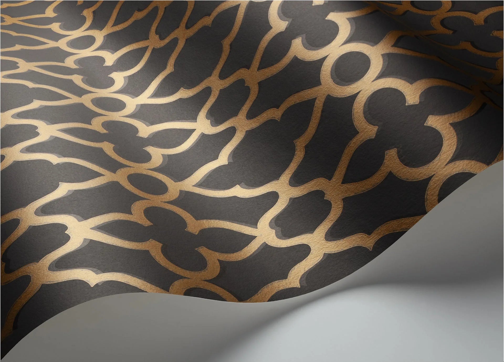 Cole & Son The Pearwood Collection.  Treillage, Metallic Bronze on Charcoal