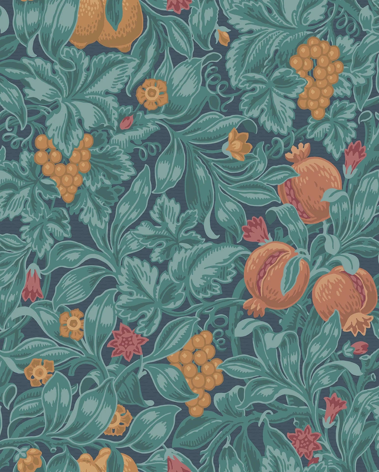 Cole & Son The Pearwood Collection.  Vines of Pomona, Burnt Orange & Teal on Petrol