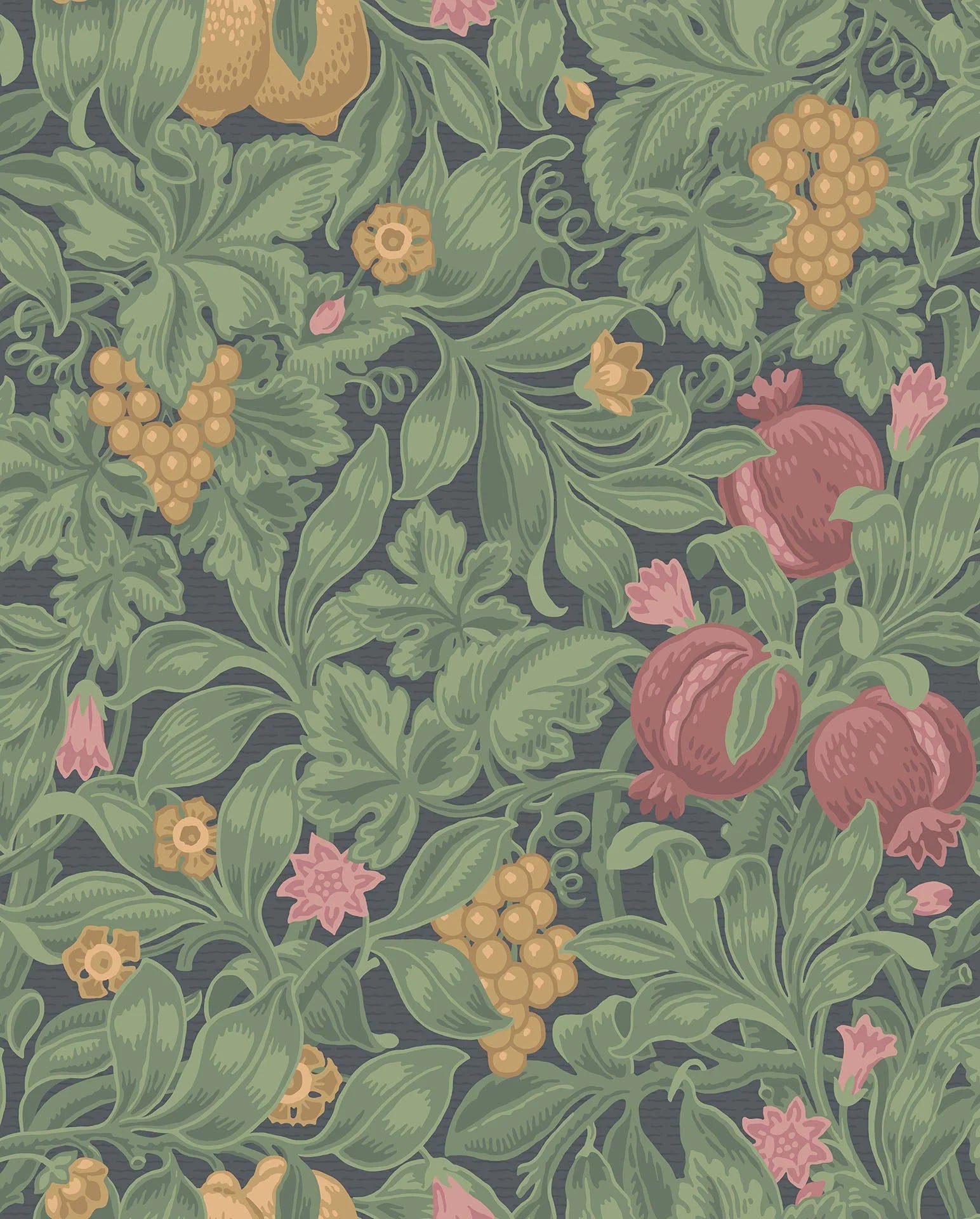 Cole & Son The Pearwood Collection.  Vines of Pomona, Crimson & Olive on Charcoal