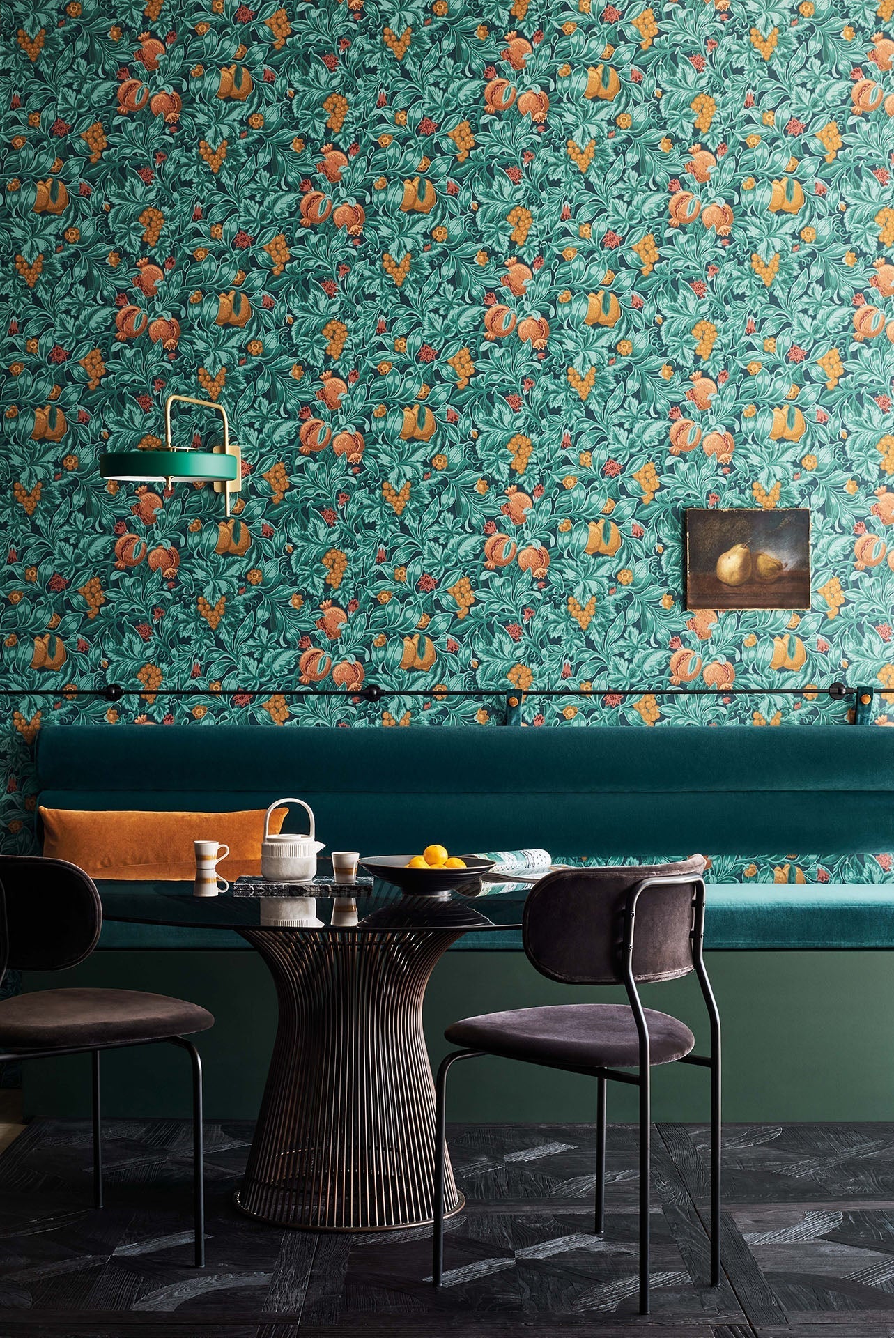 Cole & Son The Pearwood Collection.  Vines of Pomona, Burnt Orange & Teal on Petrol