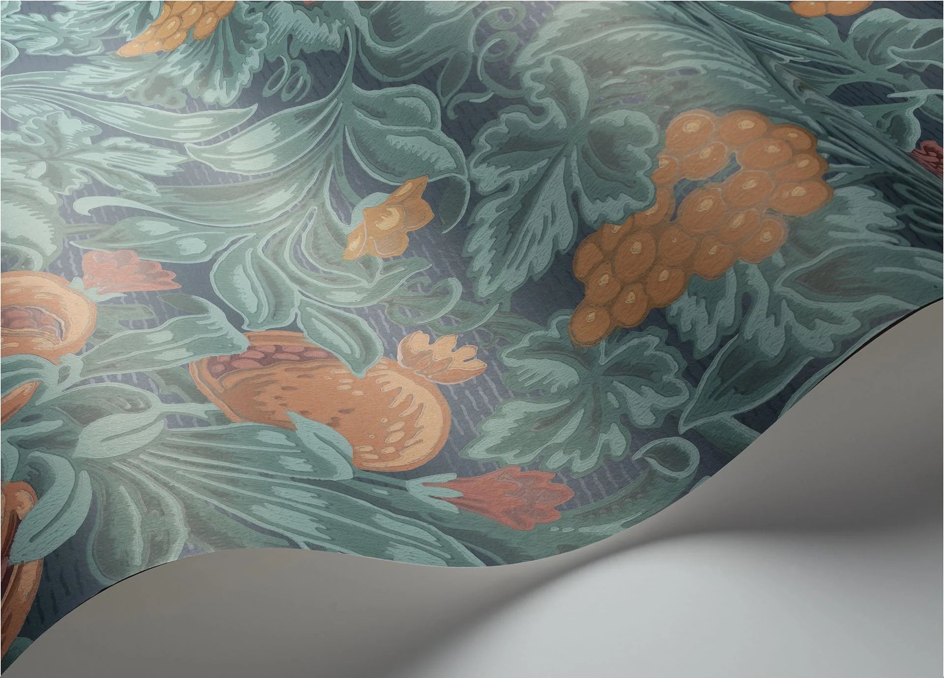 Cole & Son The Pearwood Collection.  Vines of Pomona, Burnt Orange & Teal on Petrol
