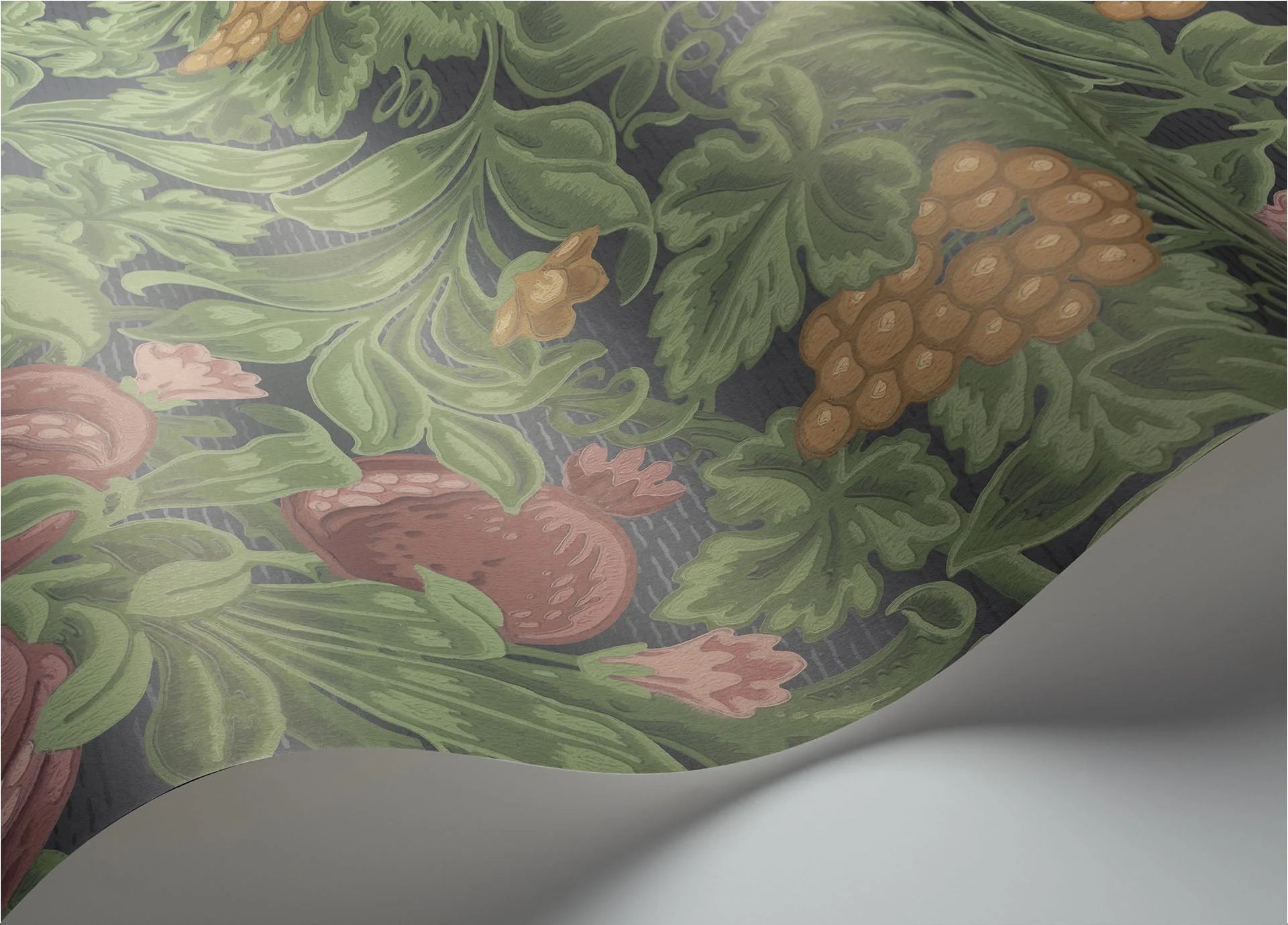 Cole & Son The Pearwood Collection.  Vines of Pomona, Crimson & Olive on Charcoal